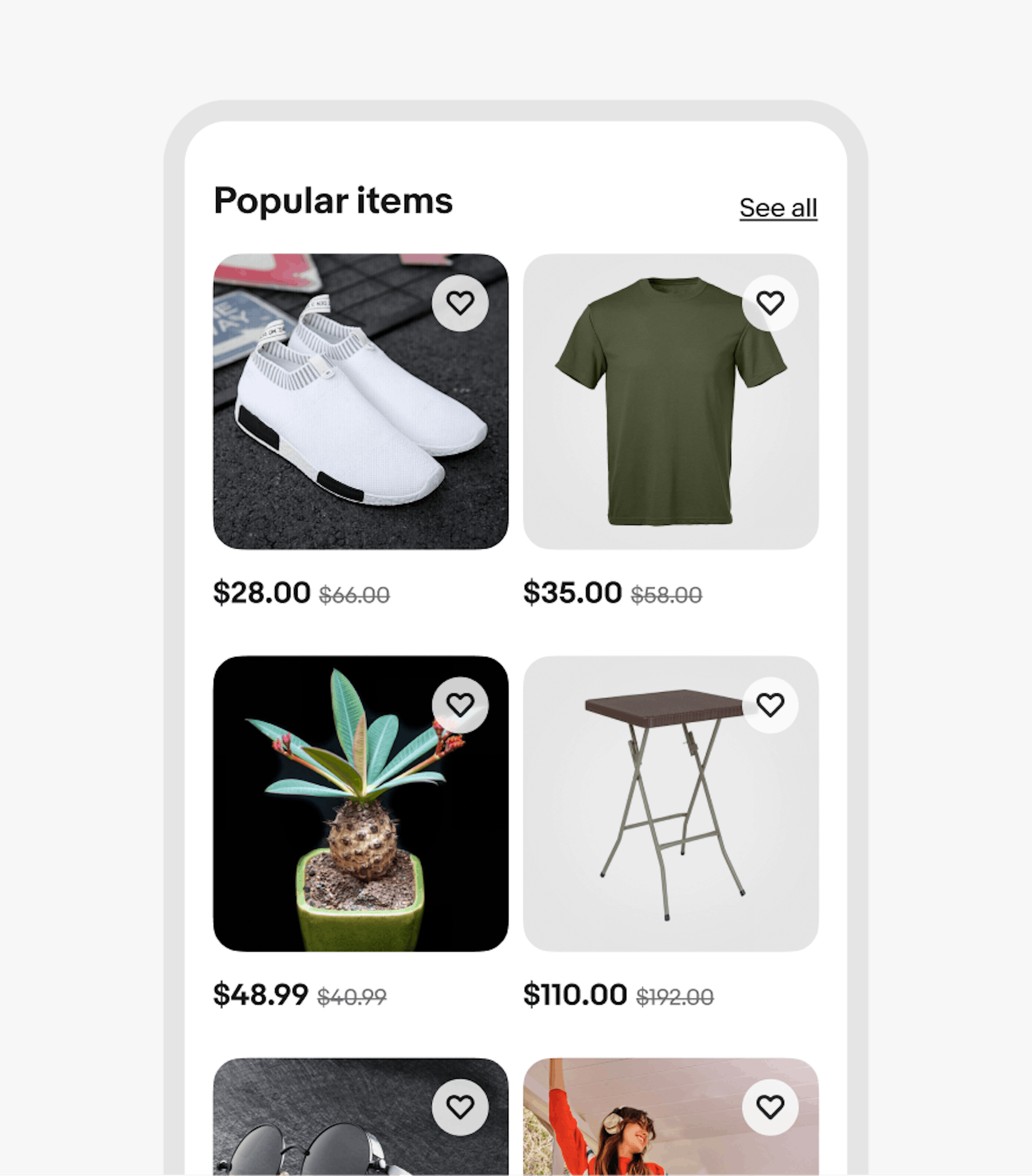 A small screen gallery grid with random items consisting of shoes, shirts, plants, folding tables, and glasses.