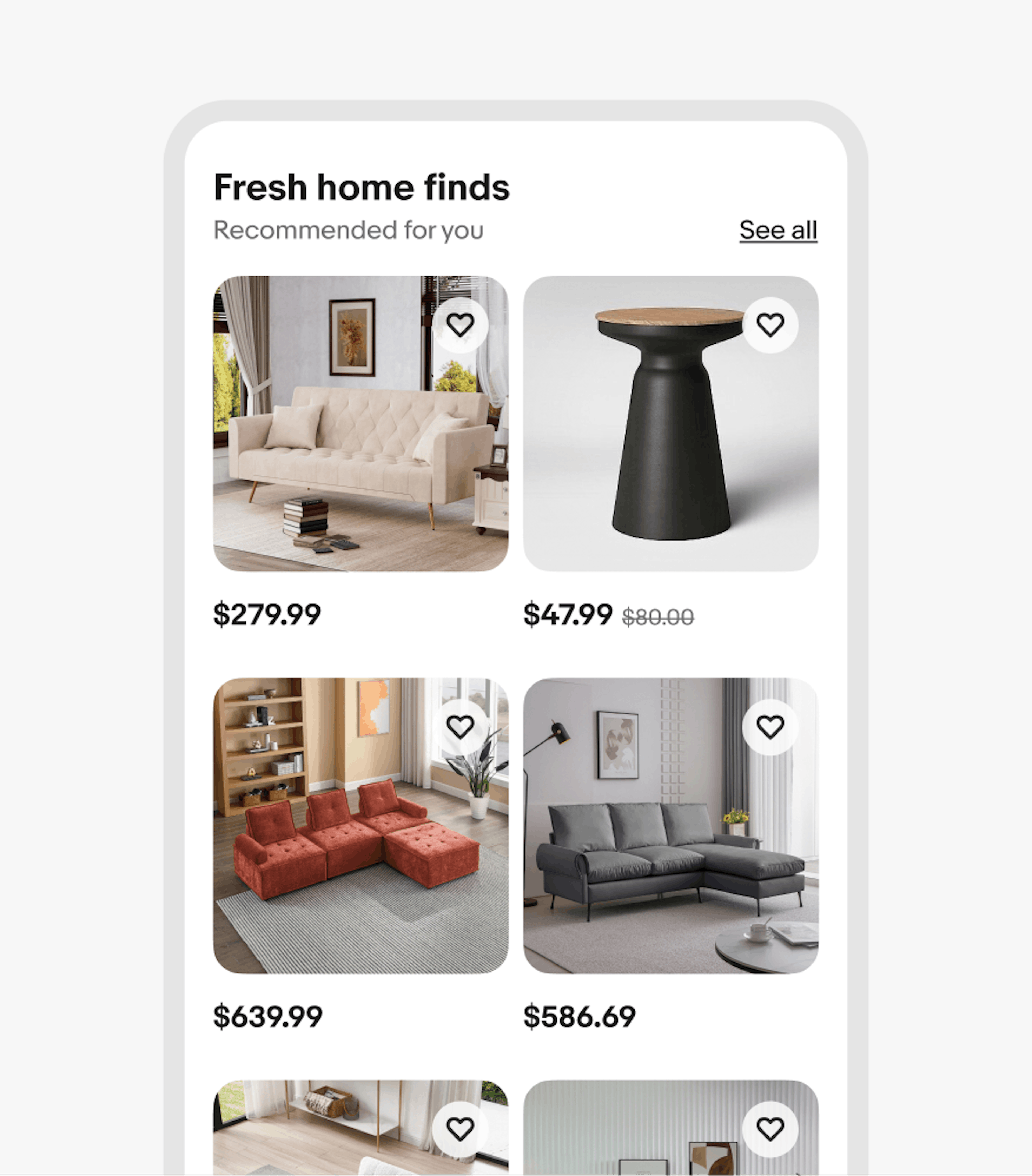 A small screen gallery grid with home good items consisting of couches, and side tables.