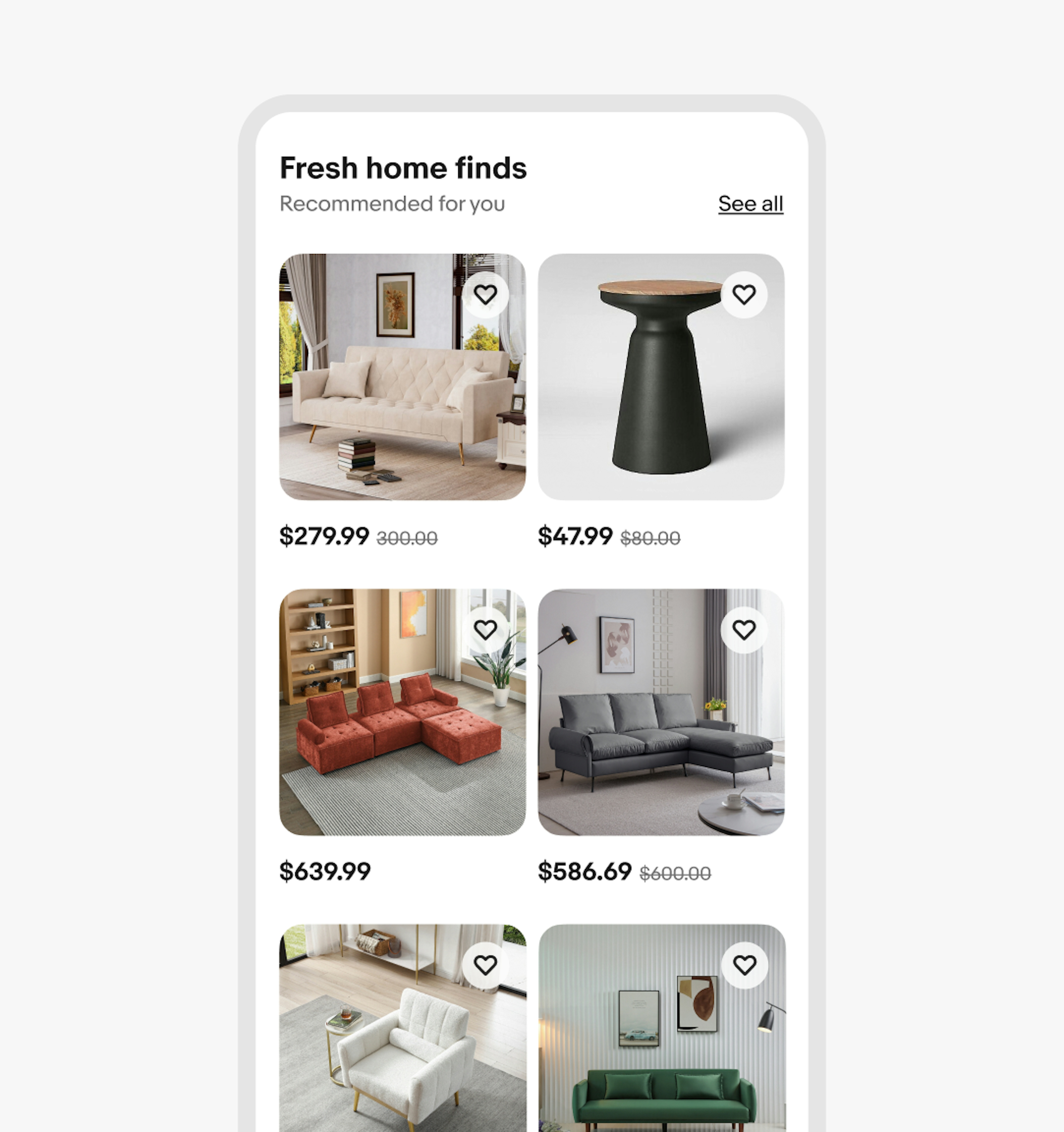 A mobile design with a gallery grid containing 2 columns of item tiles.