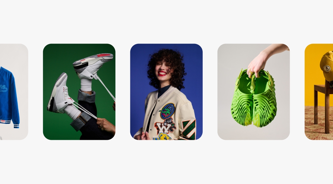 A variety of colorful photos in a row that bleed off the left and right edges. The photos consist of shoes on a vibrant green background, a woman wearing a fun jersey with patches on a vibrant blue background, saturated green shoes, and a chair with hat and jersey in front of a rich yellow background.