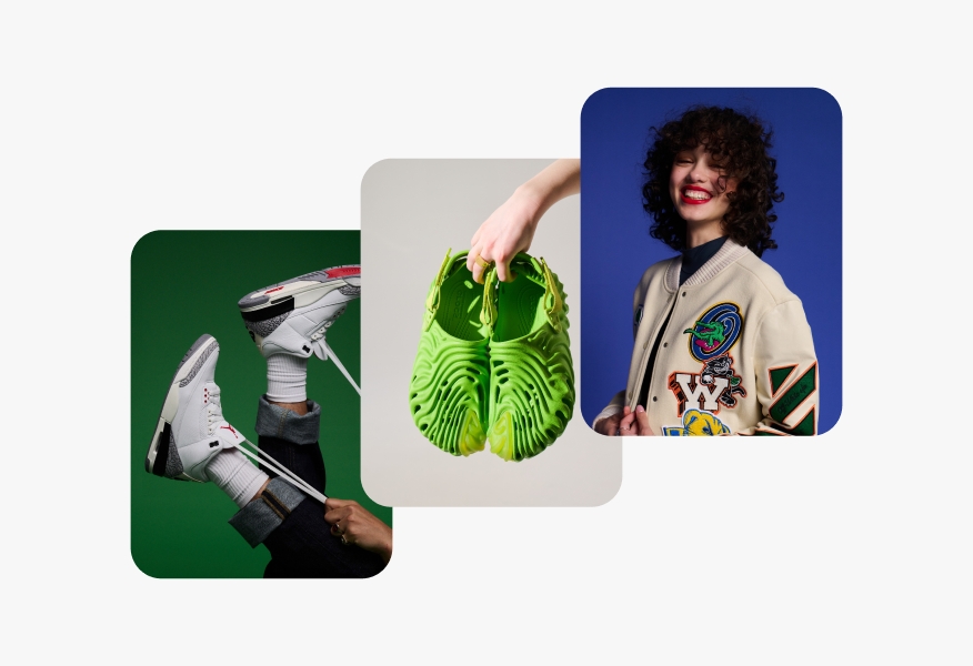 Three stacked cards that are spaced to allow the images to show prominently.