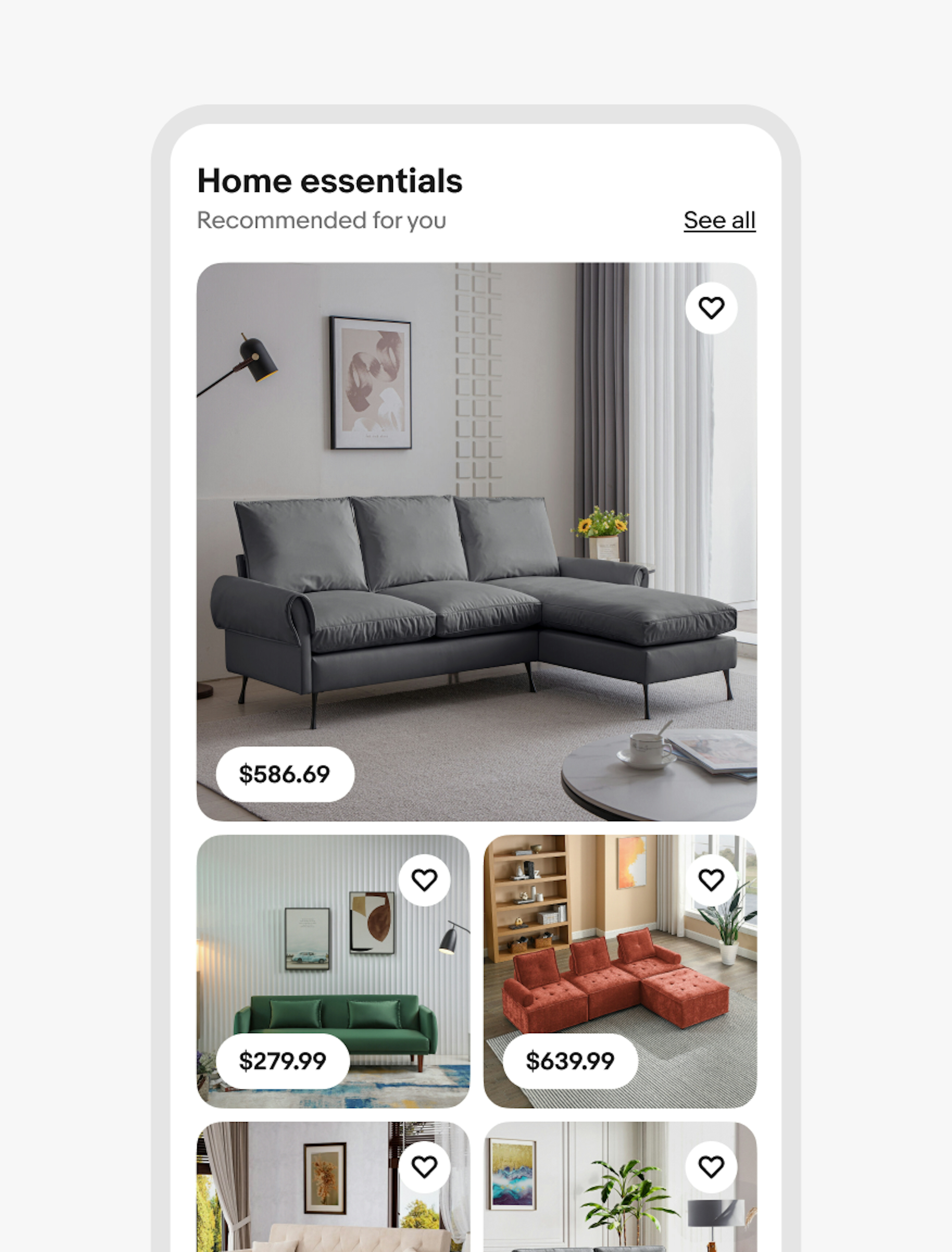 A small screen mosaic grid with items that are related to home essentials consisting of couches.
