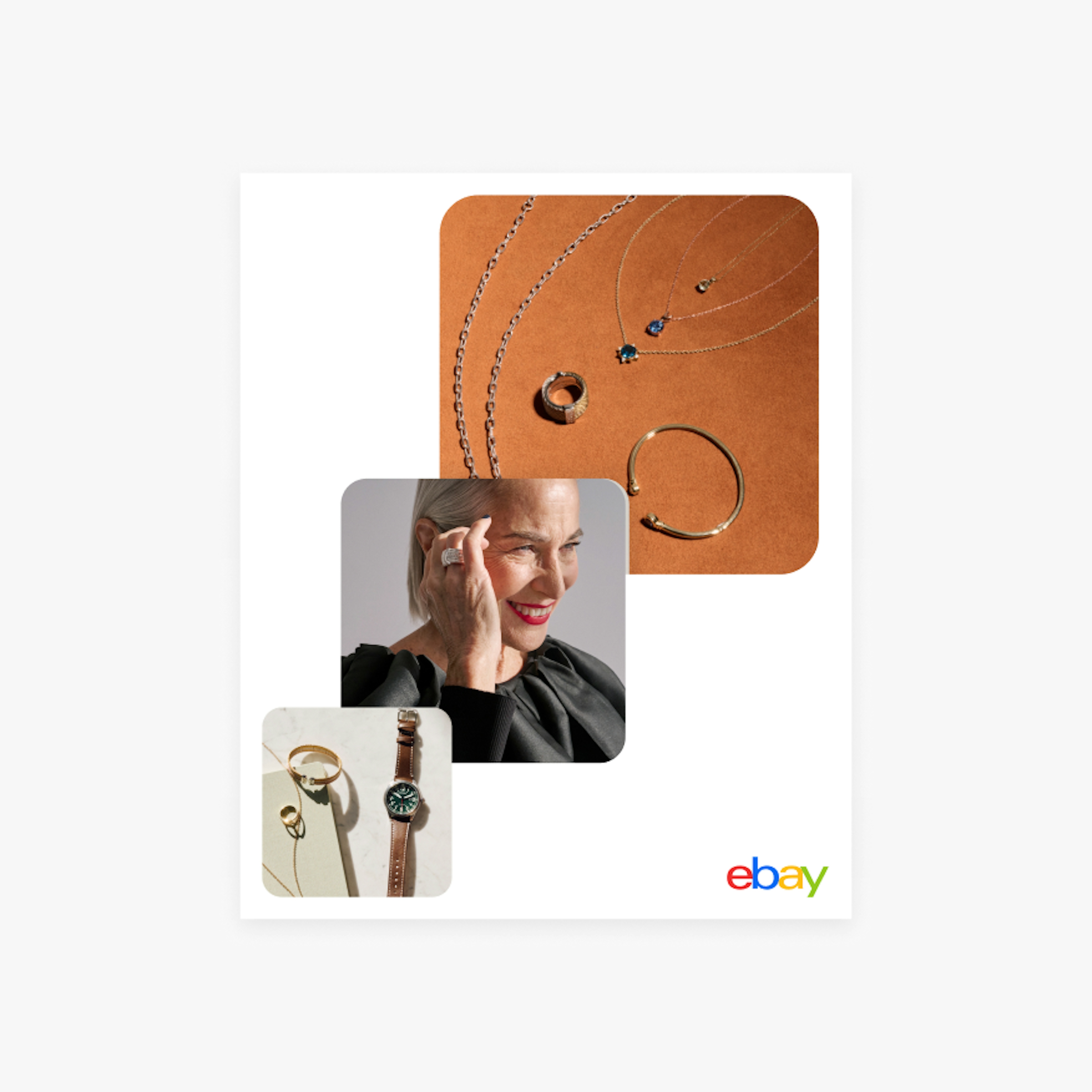 A stacked image layout including 3 images moving diagonally from bottom left to rop right.
The first image is a collage of jewelry and accessories. The second image is a smiling older woman with gray hair wearing a black top and jewelry. The third image is a brown background with a variety of jewelry placed on top. The eBay logo is in the bottom right corner of the layout.