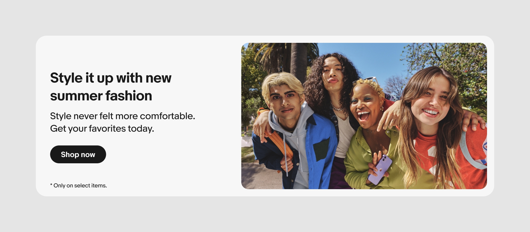 A light gray banner with black text centered vertically on the left and an image of 4 happy Gen Z-ers inset with rounded corners on the right.
