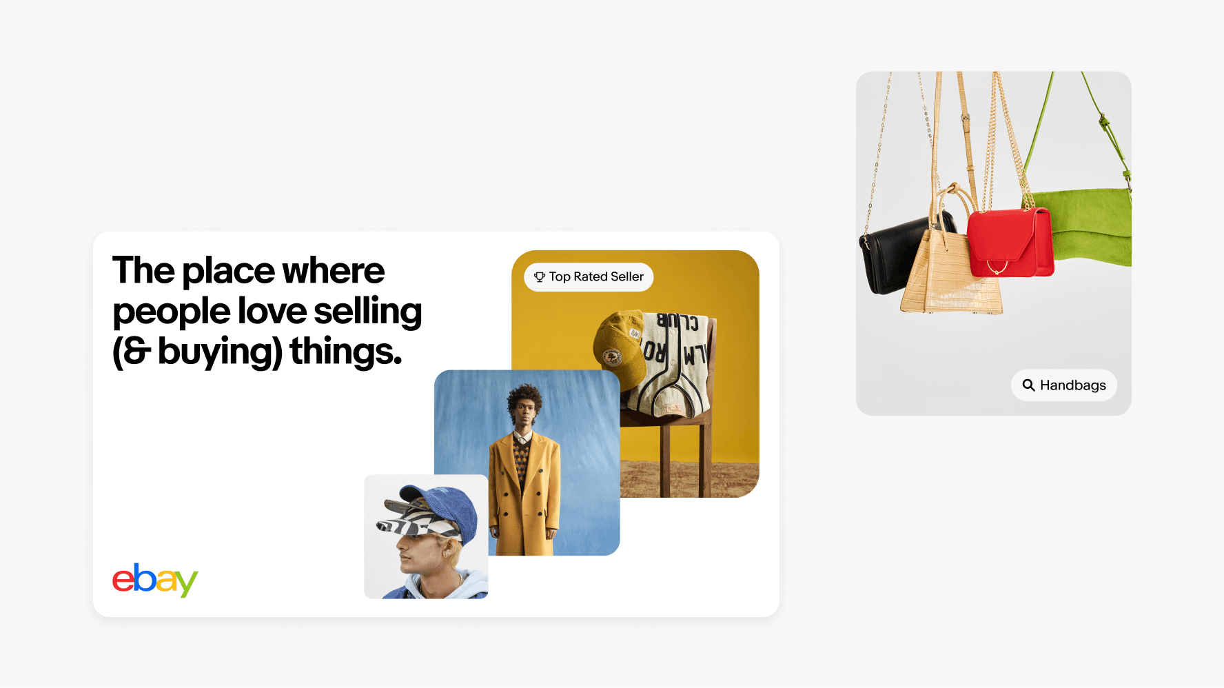 On the left, a ‘Top Rated Seller’ UI Element sits on an image of streetwear on a wooden chair, stacked behind two other images of streetwear in an eBay display ad. An image of four handbags sits on the right with a ‘Handbags’ UI Element.