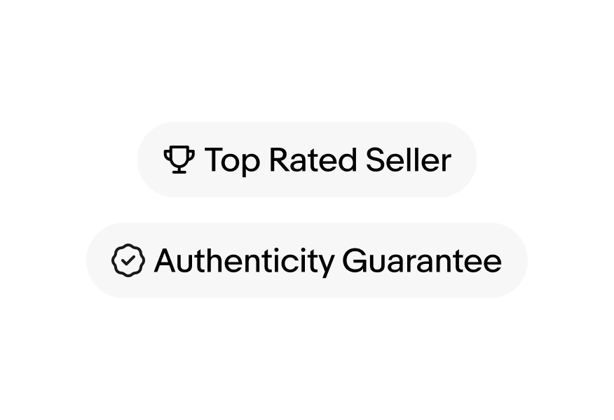 A Top Rated Seller filled UI Element with a top rated seller badge sits above an Authenticity Guarantee filled UI Element with an authenticity guarantee badge.
