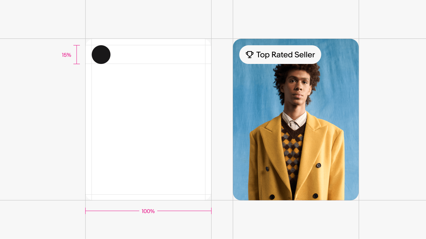 UI Elements on layouts take up about 15% of a layout’s shortest side, demonstrated in a layout diagram to the left. On the right, there is a ‘Top Rated Seller’ UI Element sits on the top left edge of a card layout.