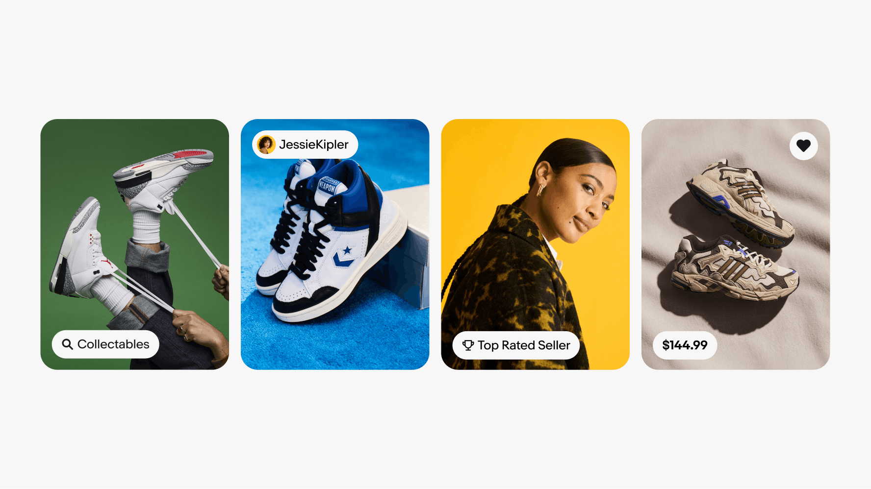 Four photography cards with UI elements placed in the corners.