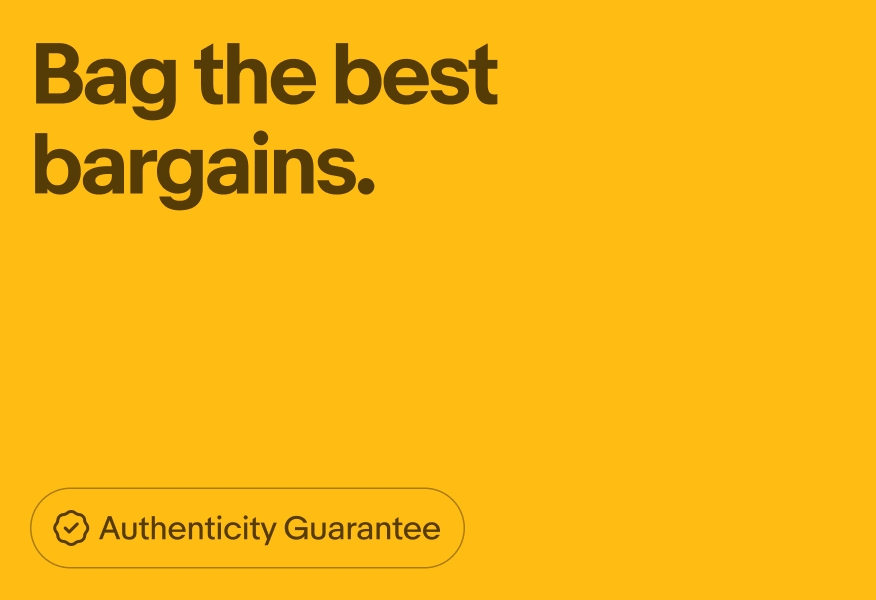 A brown outlined ‘Authenticity Guarantee’ UI Element with a brown authenticity guarantee icon sits in the bottom left corner of a digital eBay ad with brown text and a yellow background.