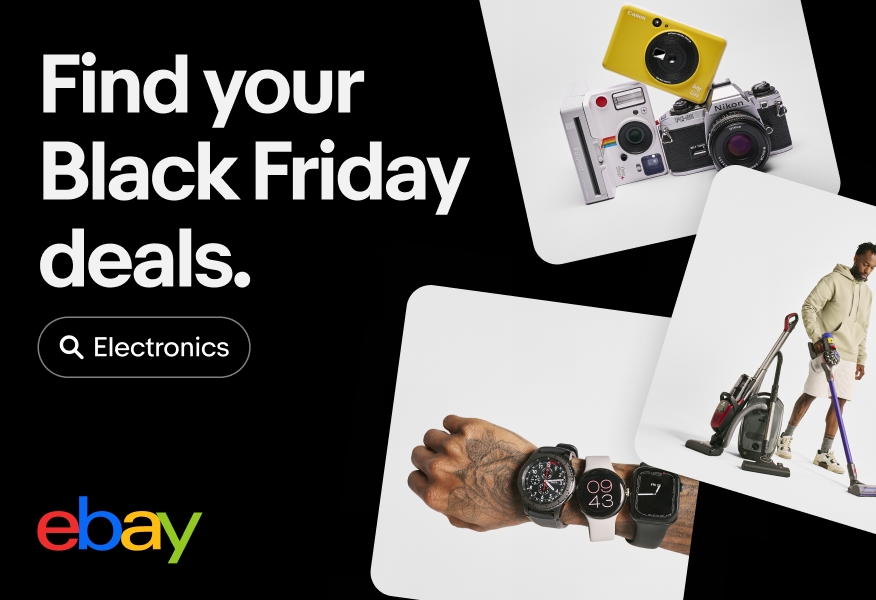 A Black Friday digital eBay ad that includes an ‘Electronics’ UI Element with a search icon sitting below the headline to the left. The UI Element is outlined in white, and sits against the black background of the ad.