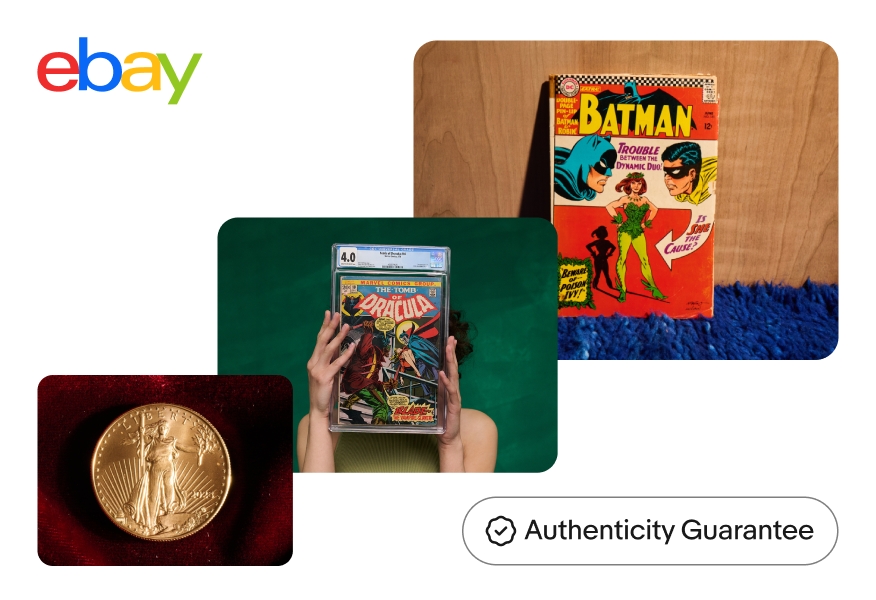 An eBay display ad featuring various images of Authenticity Guarantee product shots features an ‘Authenticity Guarantee’ UI Element on the bottom right of the ad. The UI Element is outlined in black, and sits against the white background of the ad.