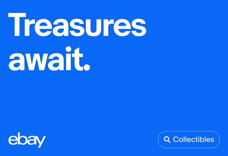 A white outlined ‘Collectibles’ UI Element with a white search icon sits in the bottom right corner of a digital eBay ad with white text and a blue background.