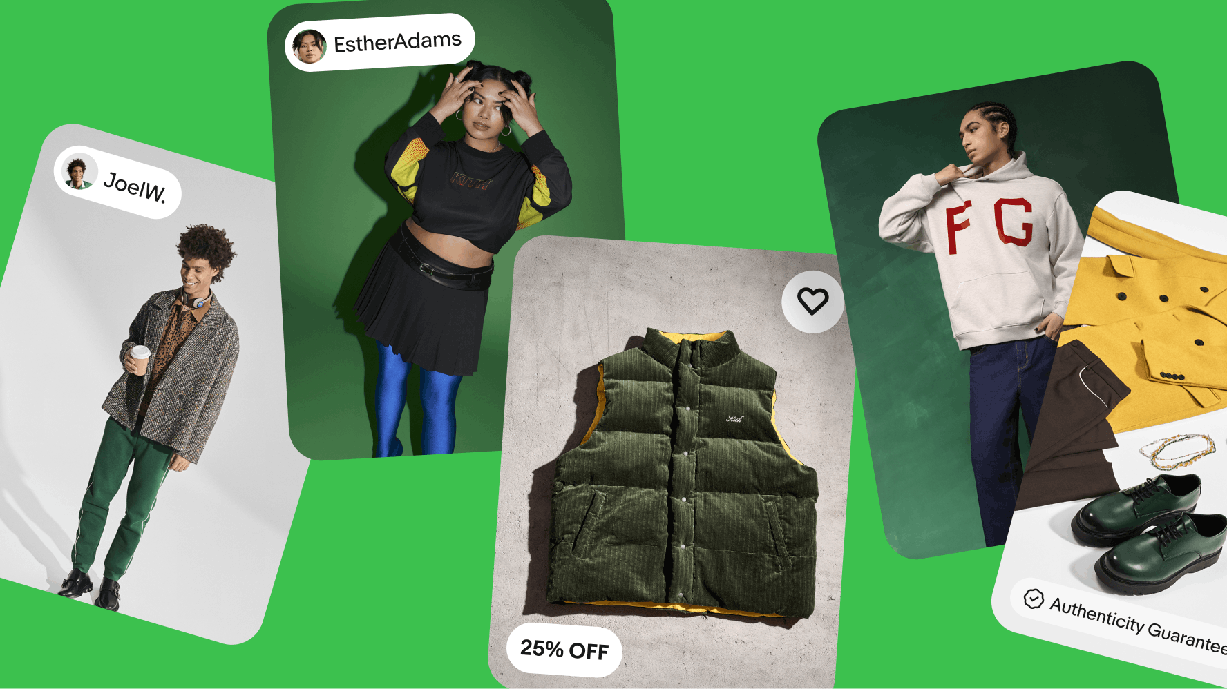 UI elements sit on 5 images stacked on top of a green background.
