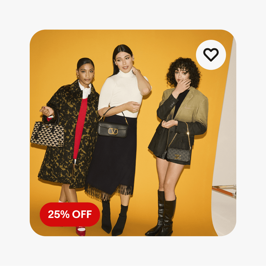 A ‘25% OFF’ Pricing UI Element with white text and a red fill sits on the bottom left corner of a card containing an image of three people wearing fashionable clothes and accessories posing in front of a yellow backdrop. An outlined Save icon sits on the top right corner of the card.