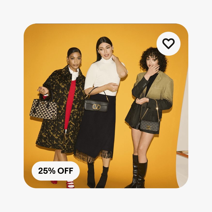 A ‘25% OFF’ Pricing UI Element with the standard grey neutral fill sits on the bottom left corner of a card containing an image of three people wearing fashionable clothes and accessories posing in front of a yellow backdrop. An outlined Save icon sits on the top right corner of the card.