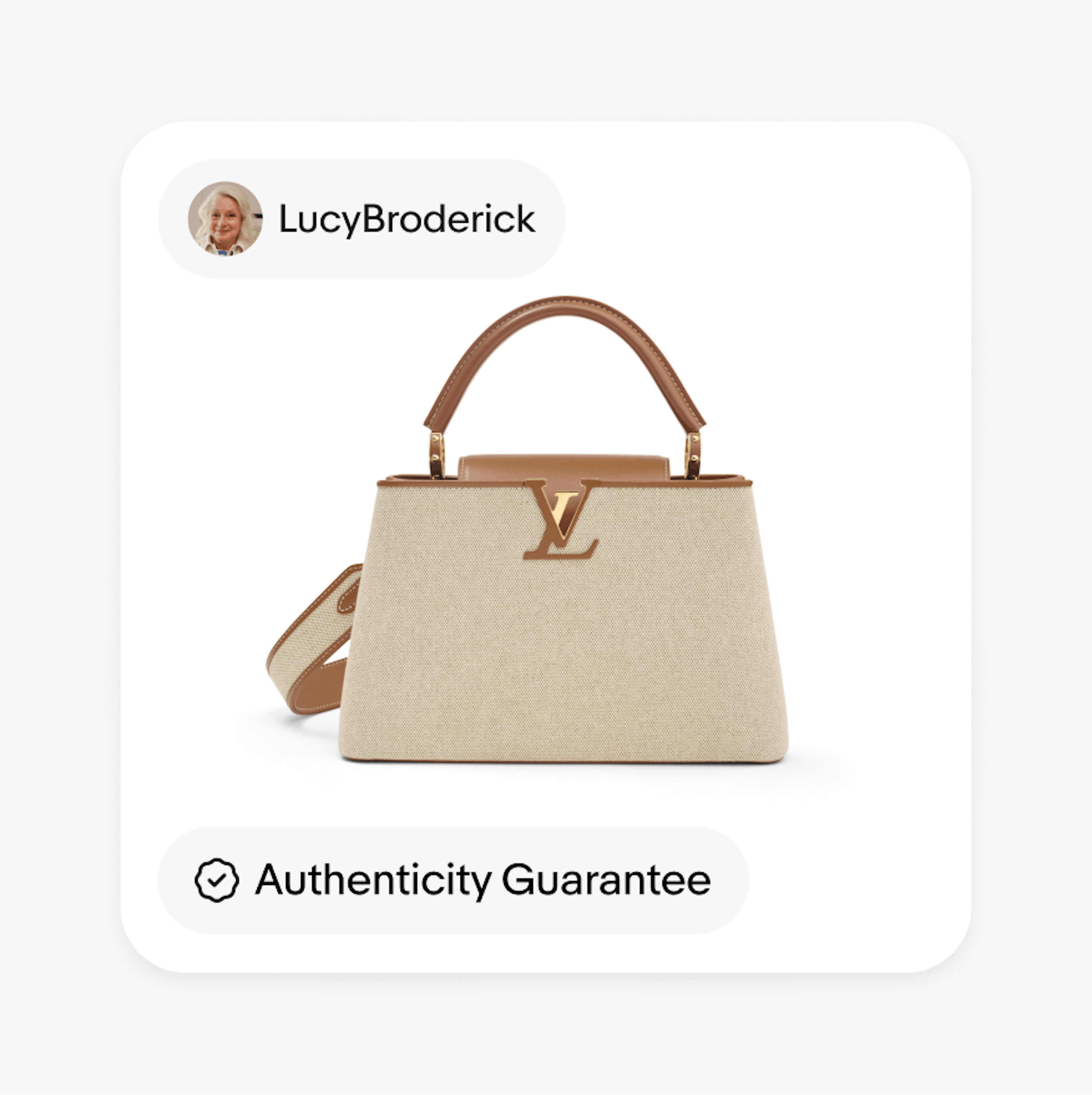 An ‘Authenticity Guarantee’ UI Element and a ‘LucyBroderick’ seller UI Element sits on the top and bottom left of a product card.