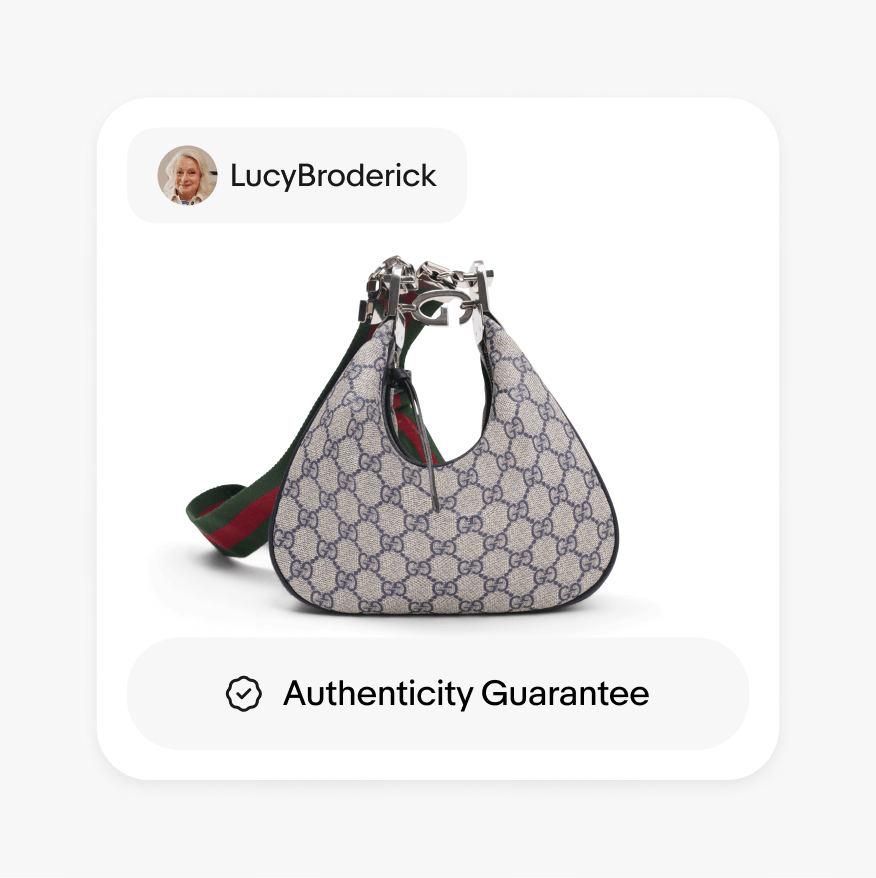 An ‘Authenticity Guarantee’ UI Element spans the full width of a product card, sitting on the bottom with a ‘LucyBroderick’ seller UI Element sitting on the top left of the card.