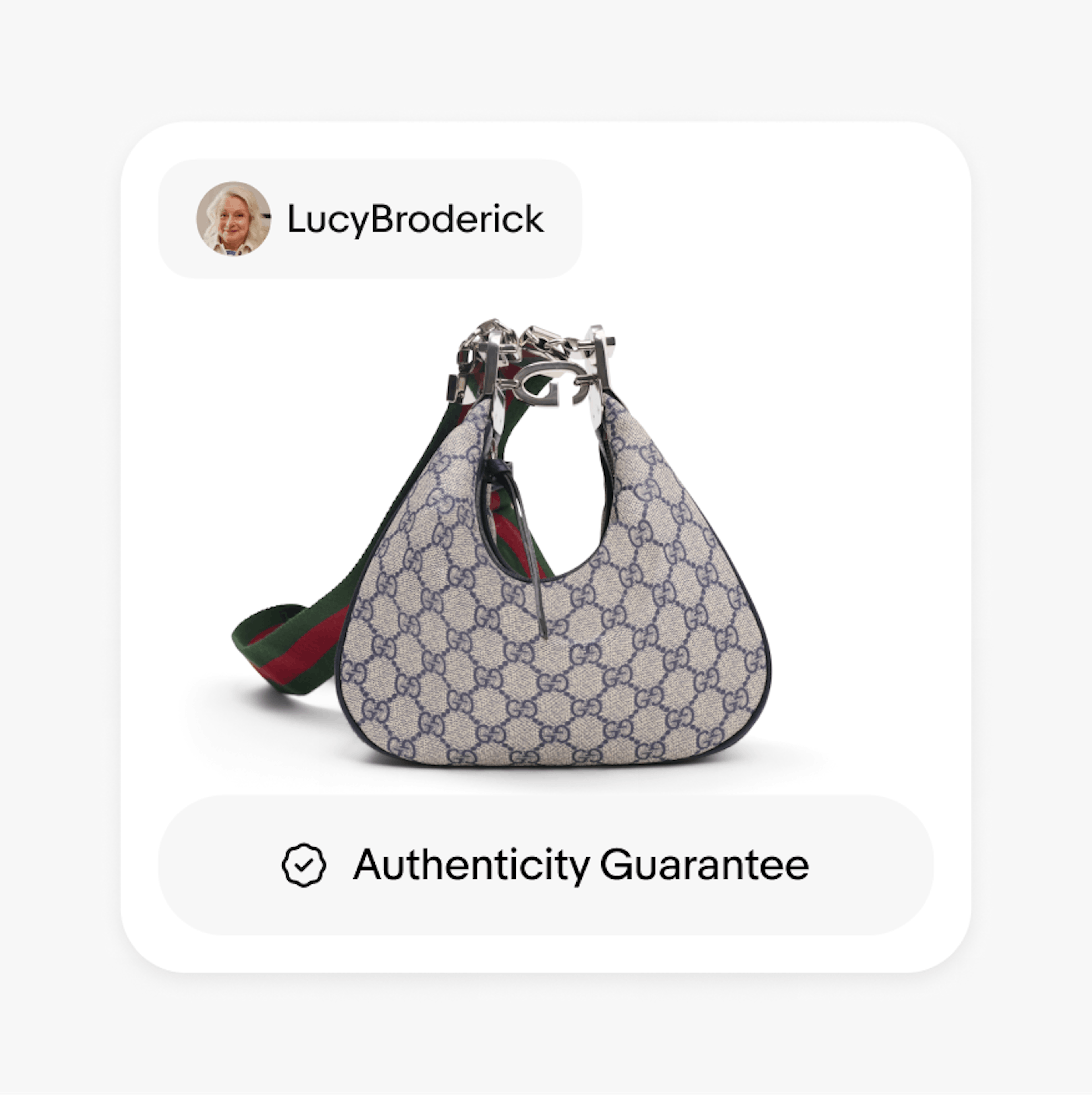 An ‘Authenticity Guarantee’ UI Element spans the full width of a product card, sitting on the bottom with a ‘LucyBroderick’ seller UI Element sitting on the top left of the card. 