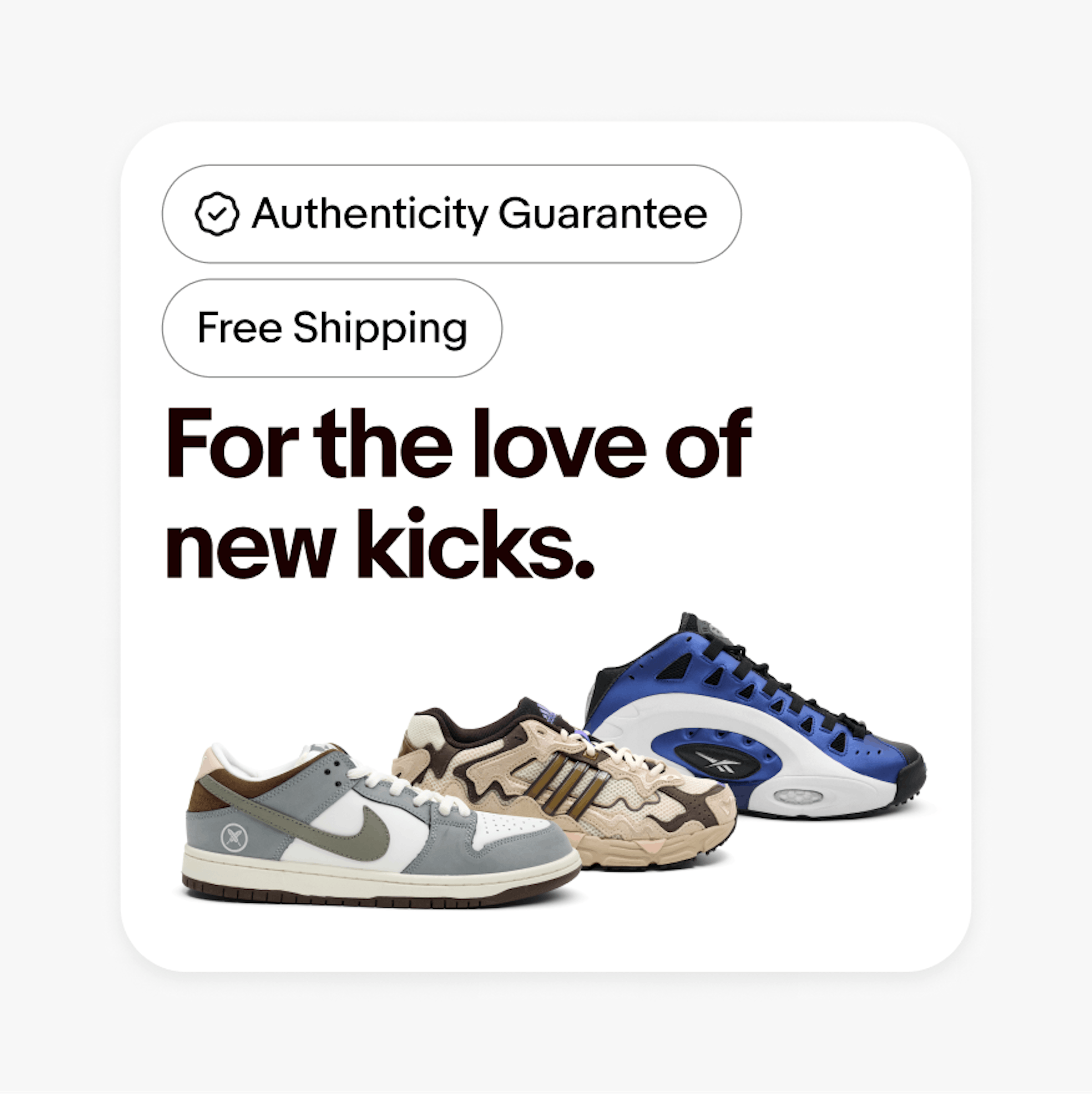 An ‘Authenticity Guarantee’ UI Element with an authenticity guarantee icon, and a ‘Free Shipping’ UI Element sits above a headline on a card.