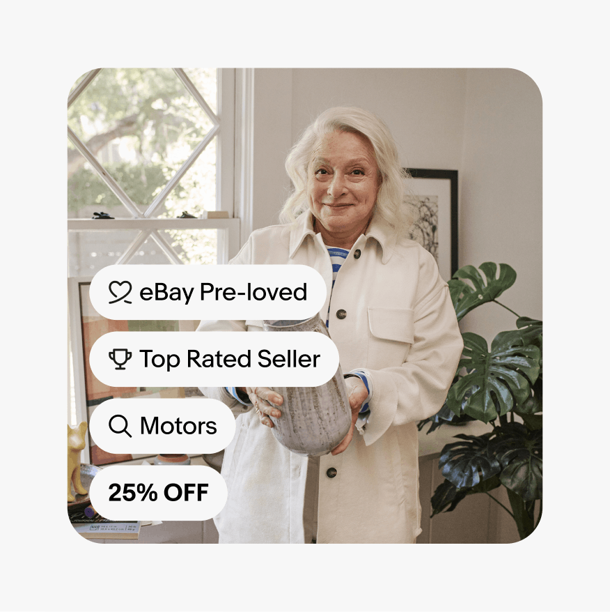an ‘eBay Pre-Loved’ UI Element with an eBay Preloved icon, a ‘Top Rated Seller’ UI Element with a top rated seller icon, a ‘Motors’ UI Element with a search icon, and a ‘25% OFF’ Pricing UI Element sit stacked on the bottom left of a card.