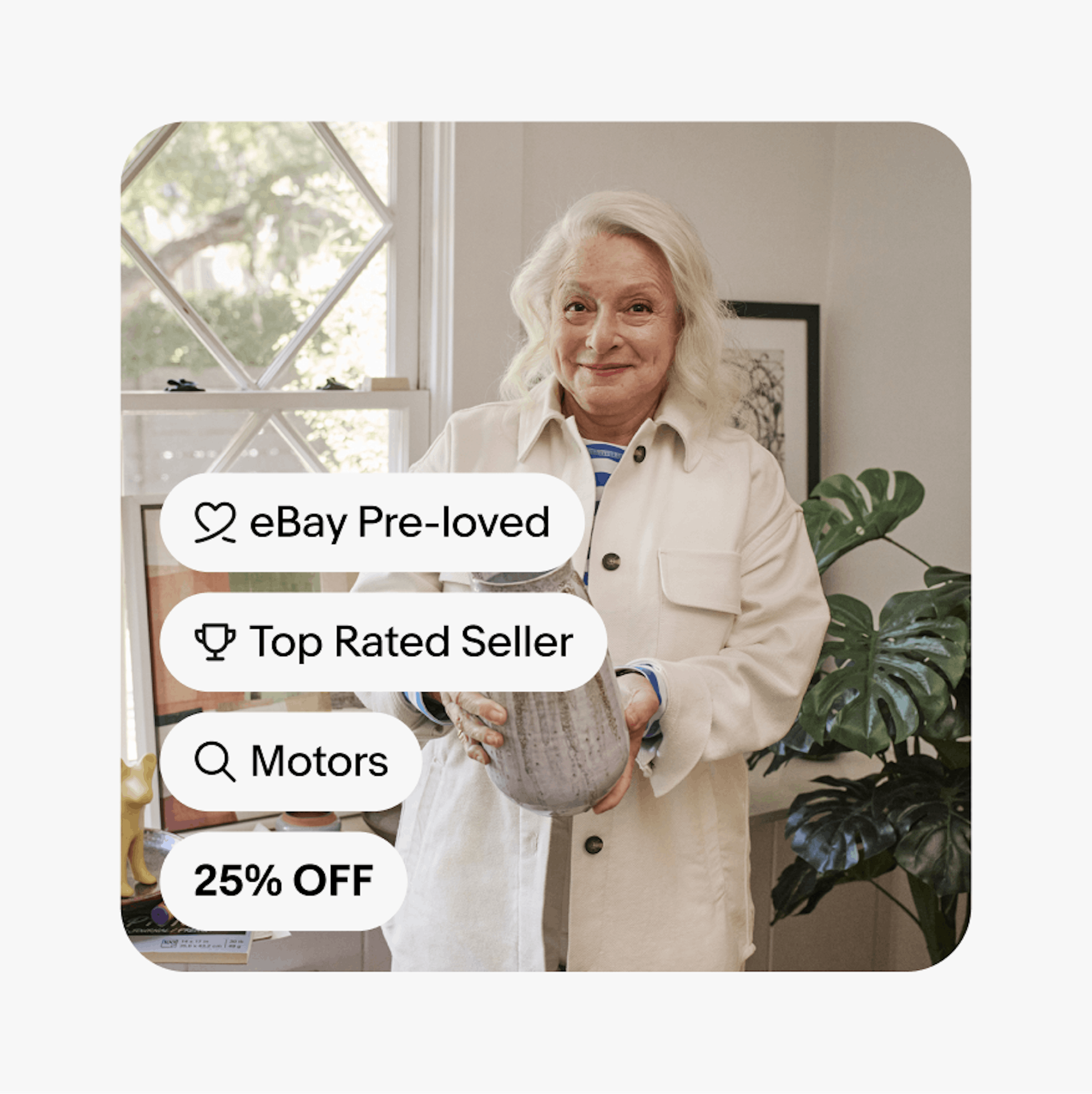 an ‘eBay Pre-Loved’ UI Element with an eBay Preloved icon, a ‘Top Rated Seller’ UI Element with a top rated seller icon, a ‘Motors’ UI Element with a search icon, and a ‘25% OFF’ Pricing UI Element sit stacked on the bottom left of a card.