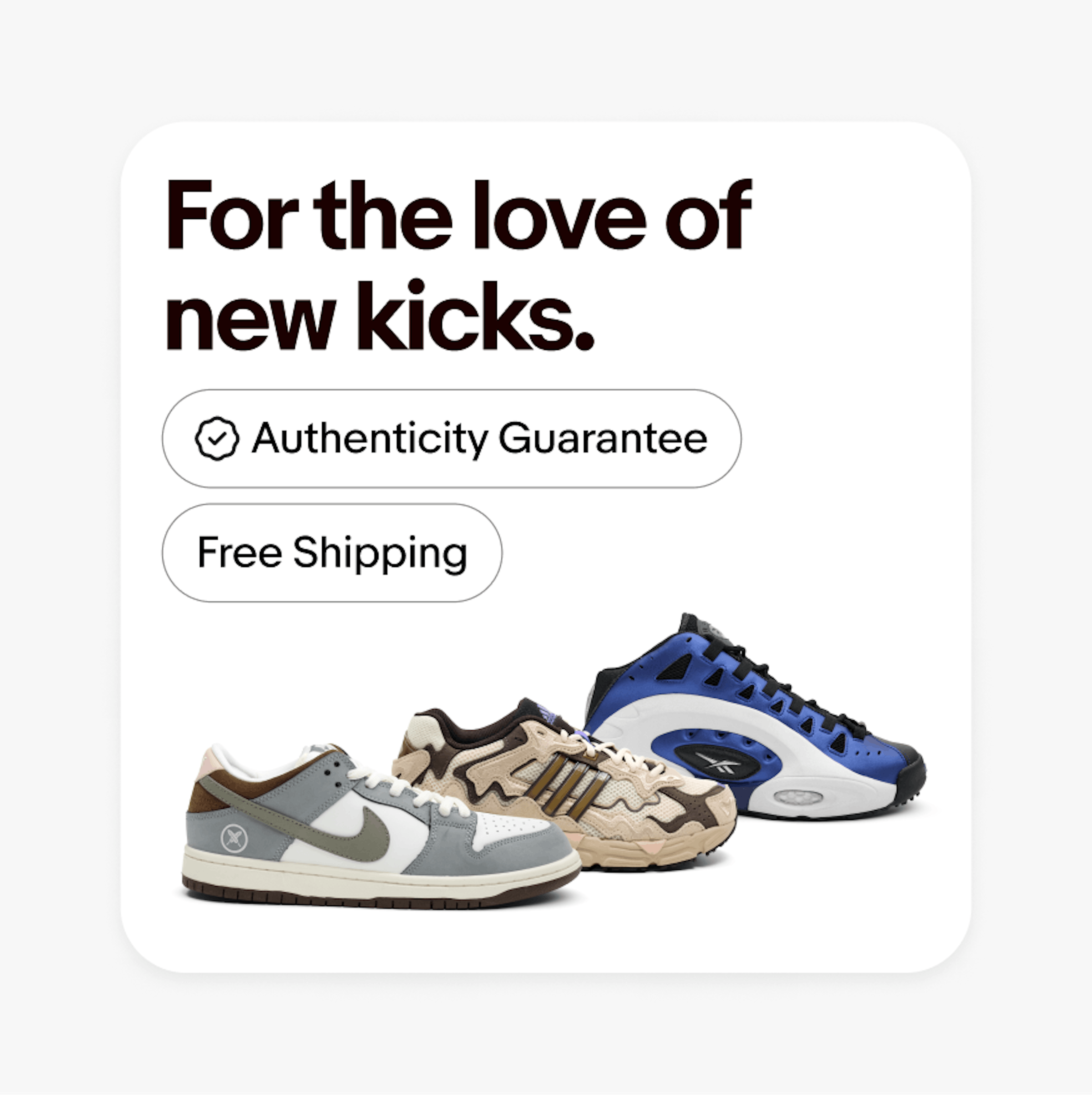 An ‘Authenticity Guarantee’ UI Element with an authenticity guarantee icon, and a ‘Free Shipping’ UI Element sits below a headline on a card.