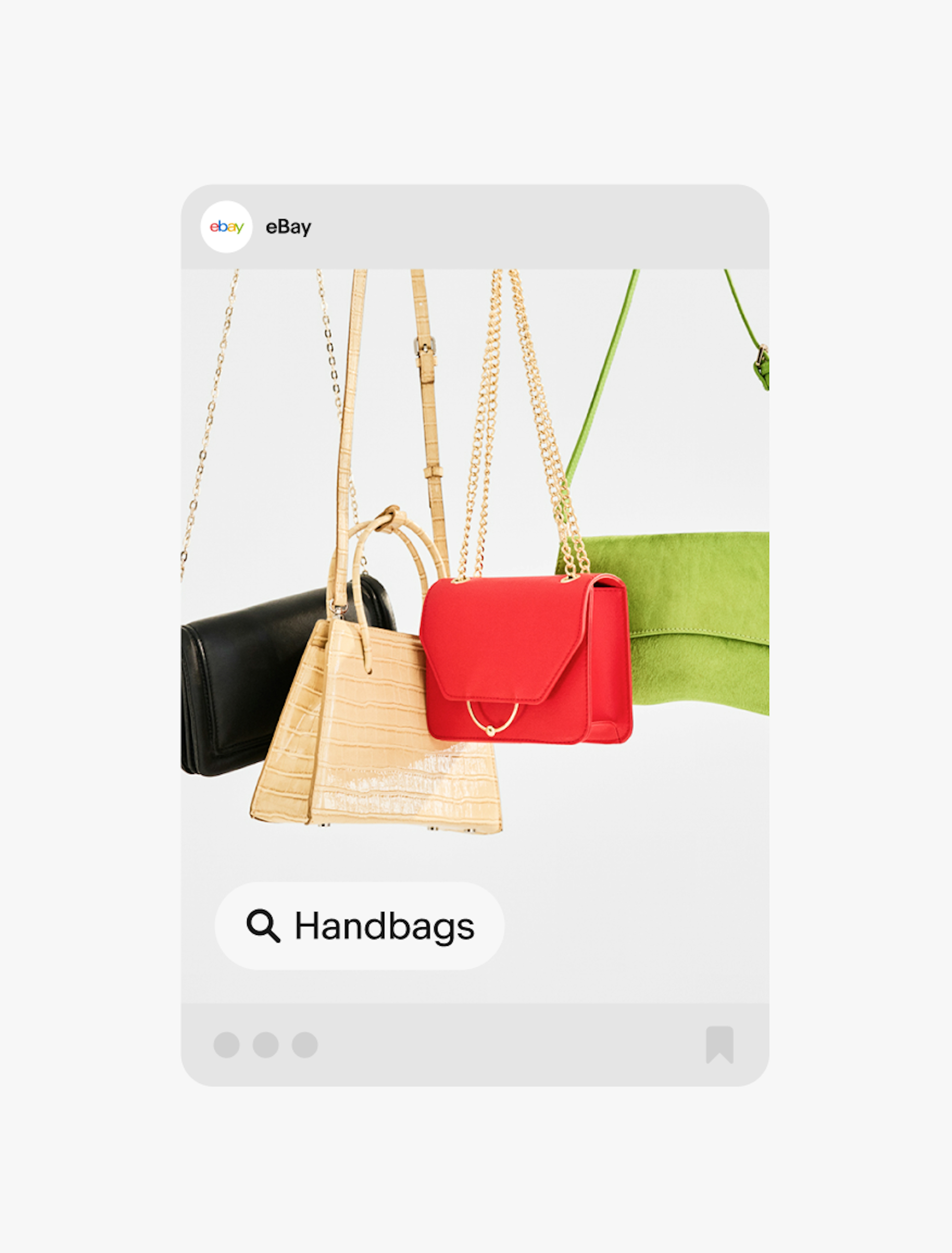 An image of four handbags and a ‘Handbags’ UI Element with a search icon is displayed in a social post.