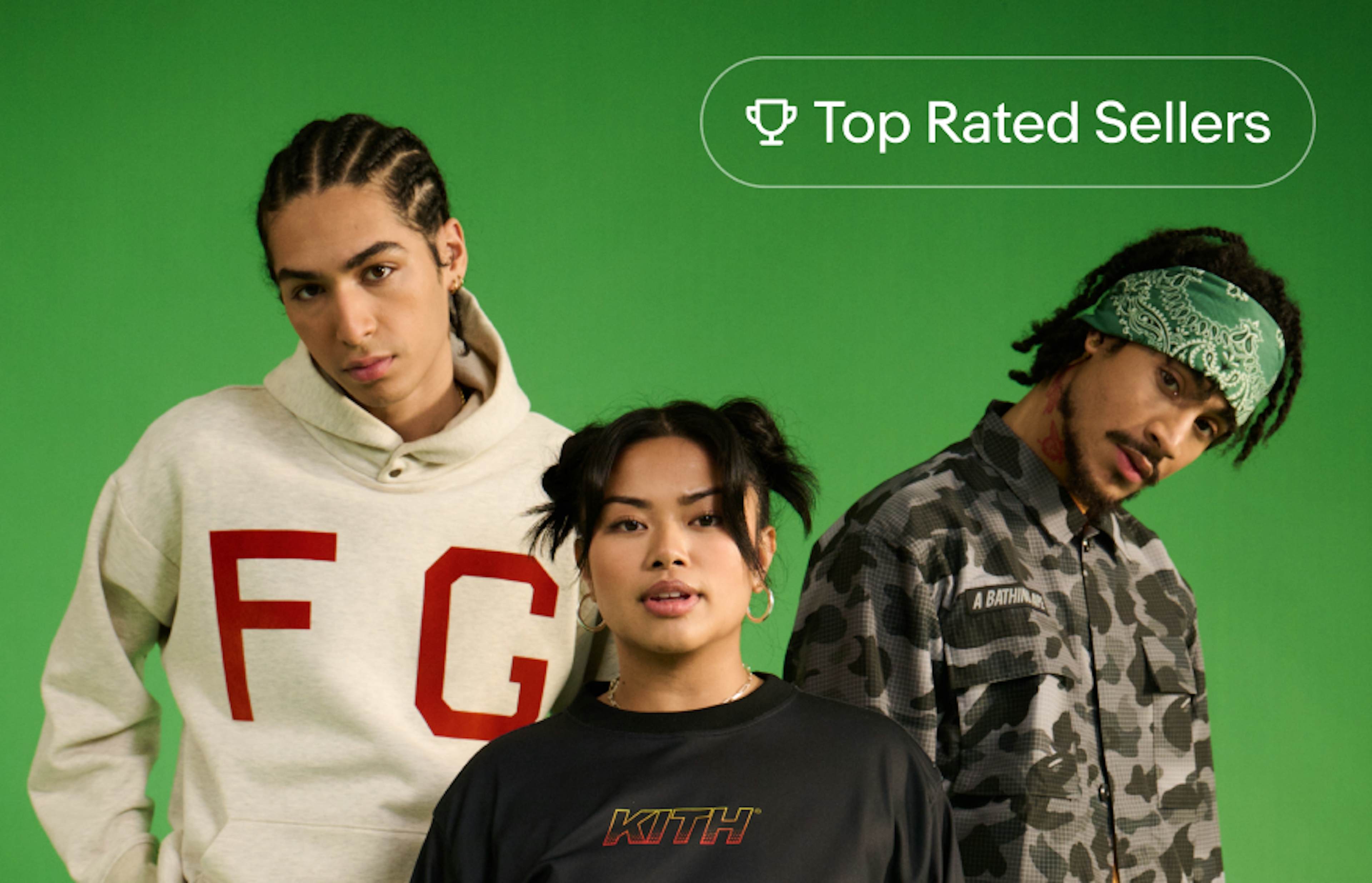 A ‘Top Rated Sellers’ UI Element with a top rated seller icon sits at the top right of a card containing an image of three people in streetwear posing in front of a green backdrop.