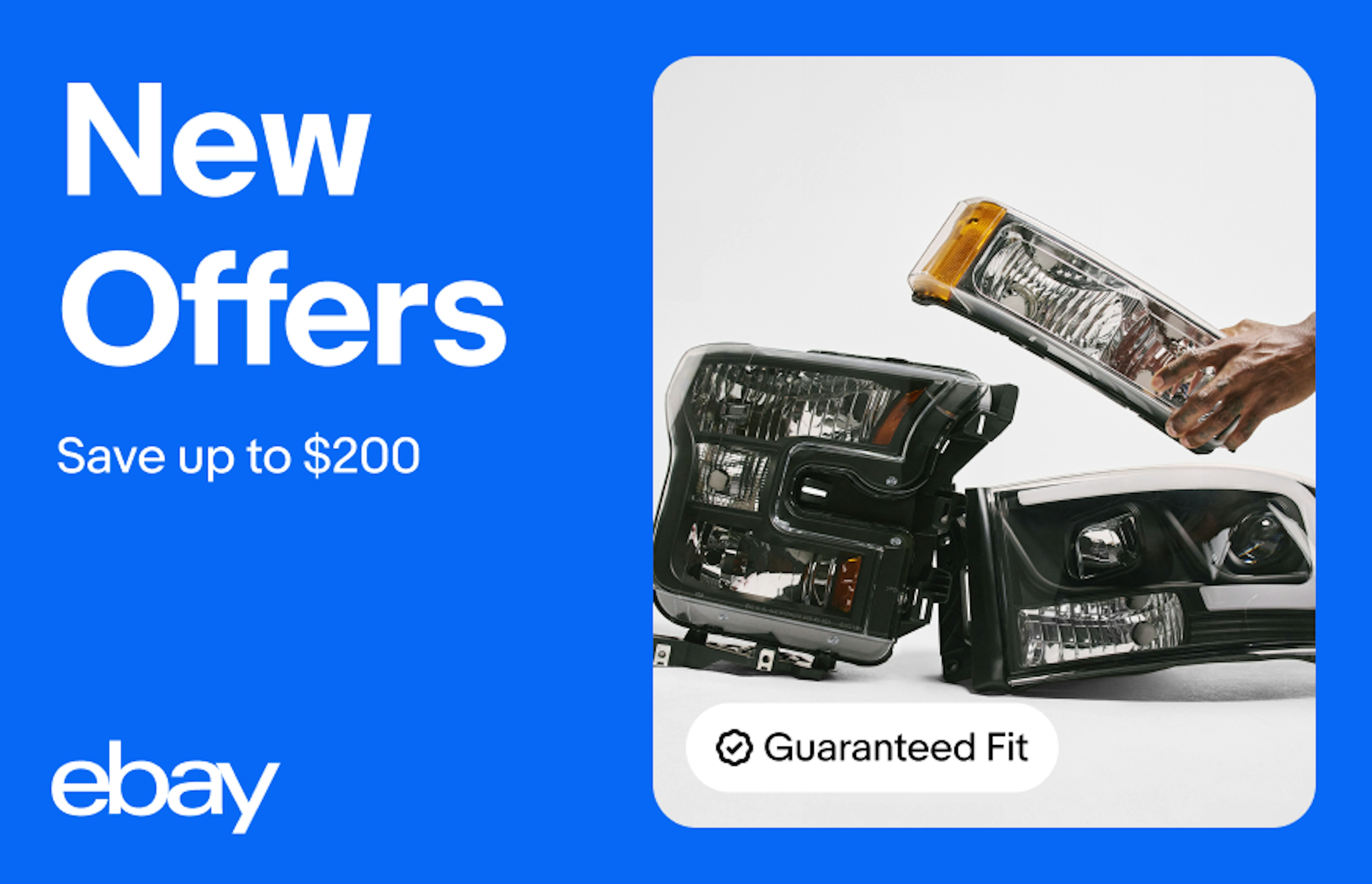 A ‘Guaranteed Fit’ UI Element with a program badge sits on an image of car parts within an eBay display ad.