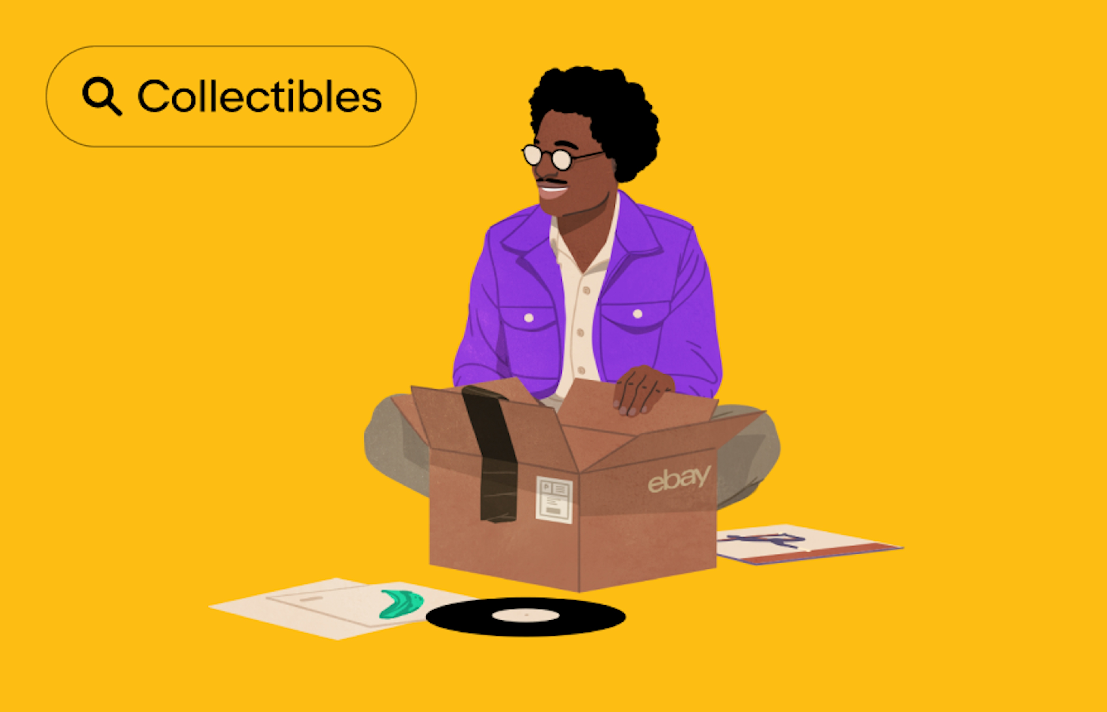 A ‘Collectibles’ UI Element with a search icon sits on the top left of an ad featuring an illustration of a person unboxing an eBay order.