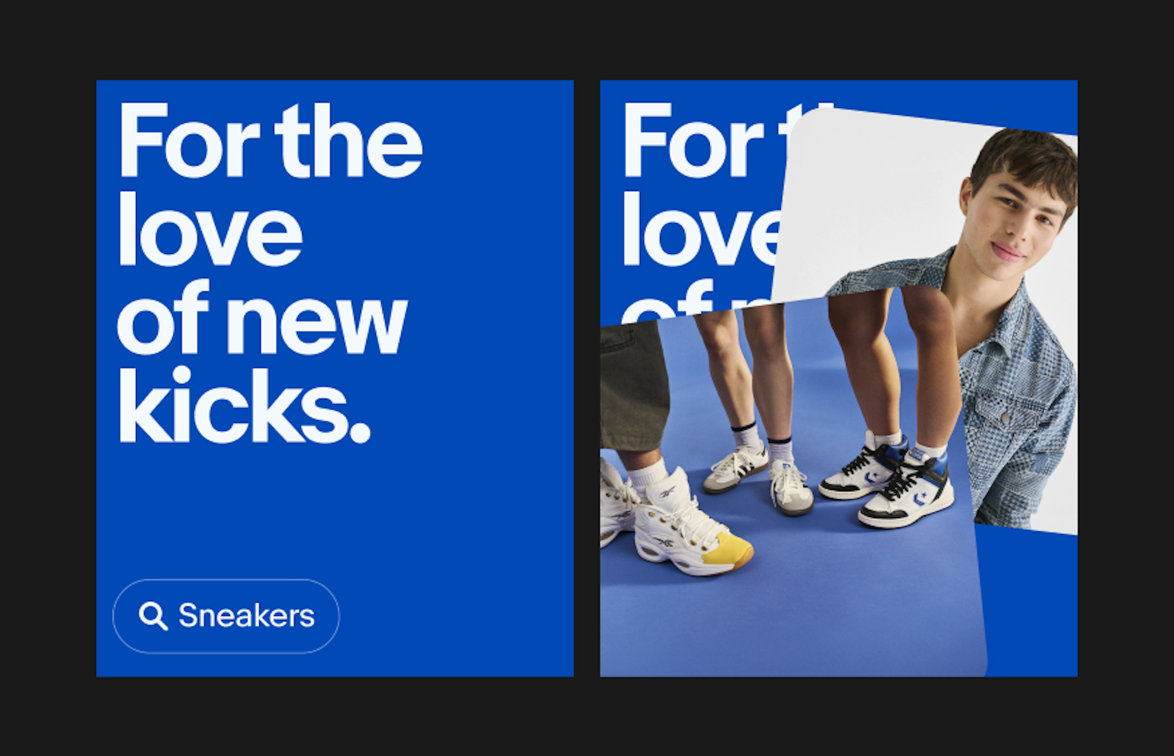 Two digital eBay ads sit side-by-side, the first featuring a ‘Sneakers’ UI Element sitting on the bottom left corner of the first ad. The ads contain sneaker-fashion related images, a headline in white, and the UI Element in white.