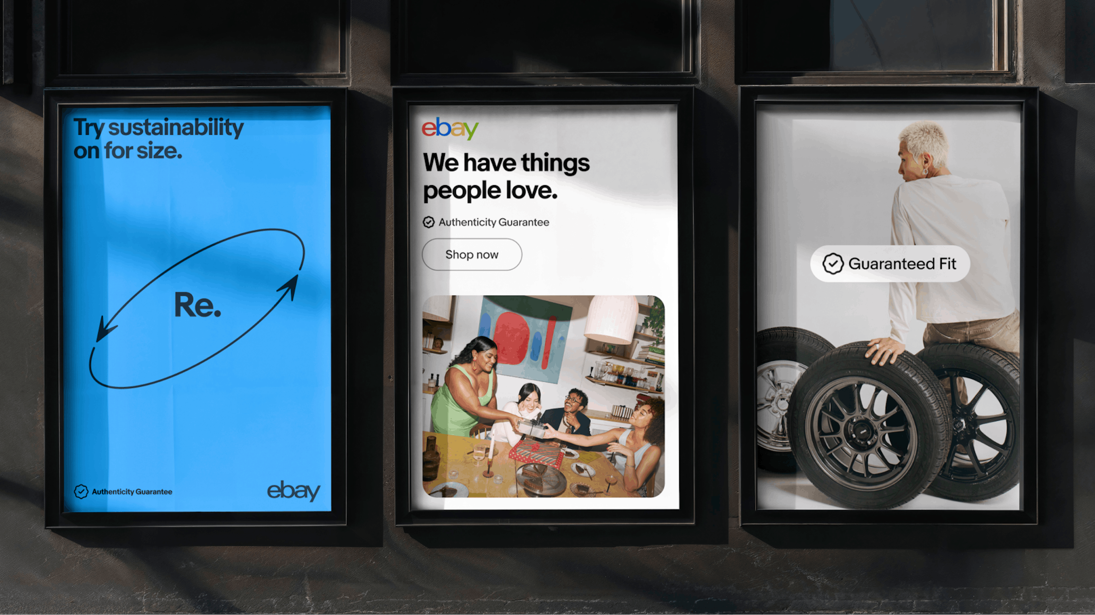 Three OOO eBay ads featuring UI Elements: An ‘Authenticity Guarantee’ overline situated to the bottom right of the first ad, an ‘Authenticity Guarantee’ overline situated above a CTA button in the second ad, and a ‘Guaranteed Fit’ UI element sitting in the middle of the third ad.