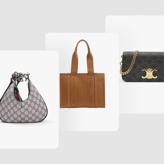 The image displays three designer handbags: a patterned Gucci hobo bag, a brown leather Chloé tote bag, and a black Celine bag with a gold chain strap and logo.