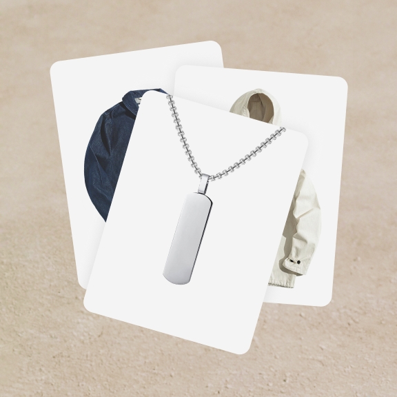 The image displays three stacked product cards. The top card features a men's silver necklace, the middle card presents a beige rain jacket, and the bottom card shows a navy blue nylon jacket.