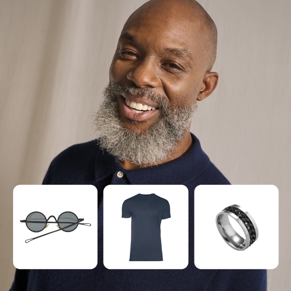 The image features a smiling older African American man with three product cards above him: the first shows round sunglasses, the second a navy blue polo shirt, and the third a men's silver ring.