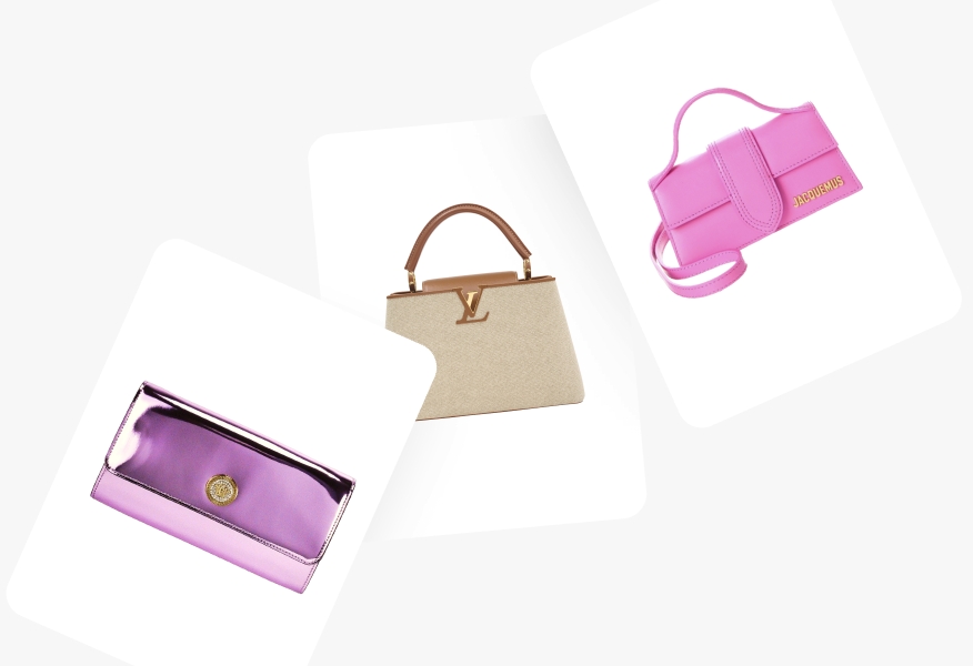 The image shows three stylish handbags: a shiny purple clutch, a beige and brown Louis Vuitton handbag, and a pink Jacquemus mini bag.