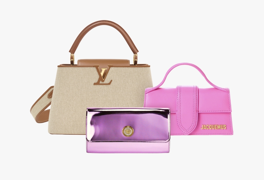 The image shows three handbags: a beige and brown Louis Vuitton handbag, a shiny purple clutch, and a pink Jacquemus mini bag.
