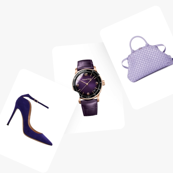 A purple high-heeled shoe, a purple watch with a matching band, and a lavender woven handbag, arranged separately inside white cards with rounded corners.