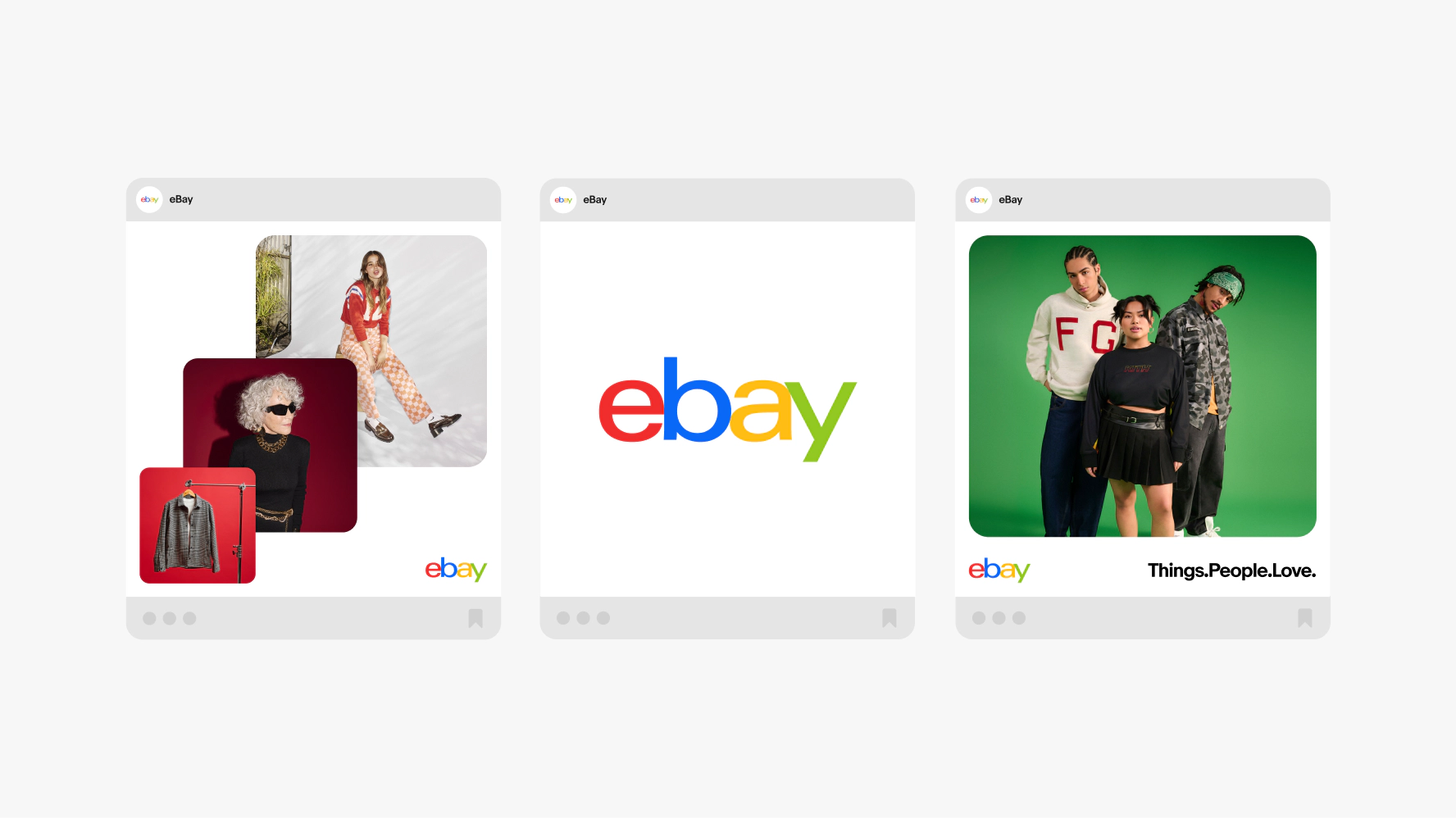 Three social posts. Left: three stacked red-toned images with the 4-color eBay logo on the bottom right, all on top of a white background. Middle: the 4-color eBay logo on a white background. Right: a studio image of three people in streetwear in front of a green backdrop, framed on top of a white background. The 4-color eBay logo sits on the bottom right, and the tagline sits in black on the bottom left.