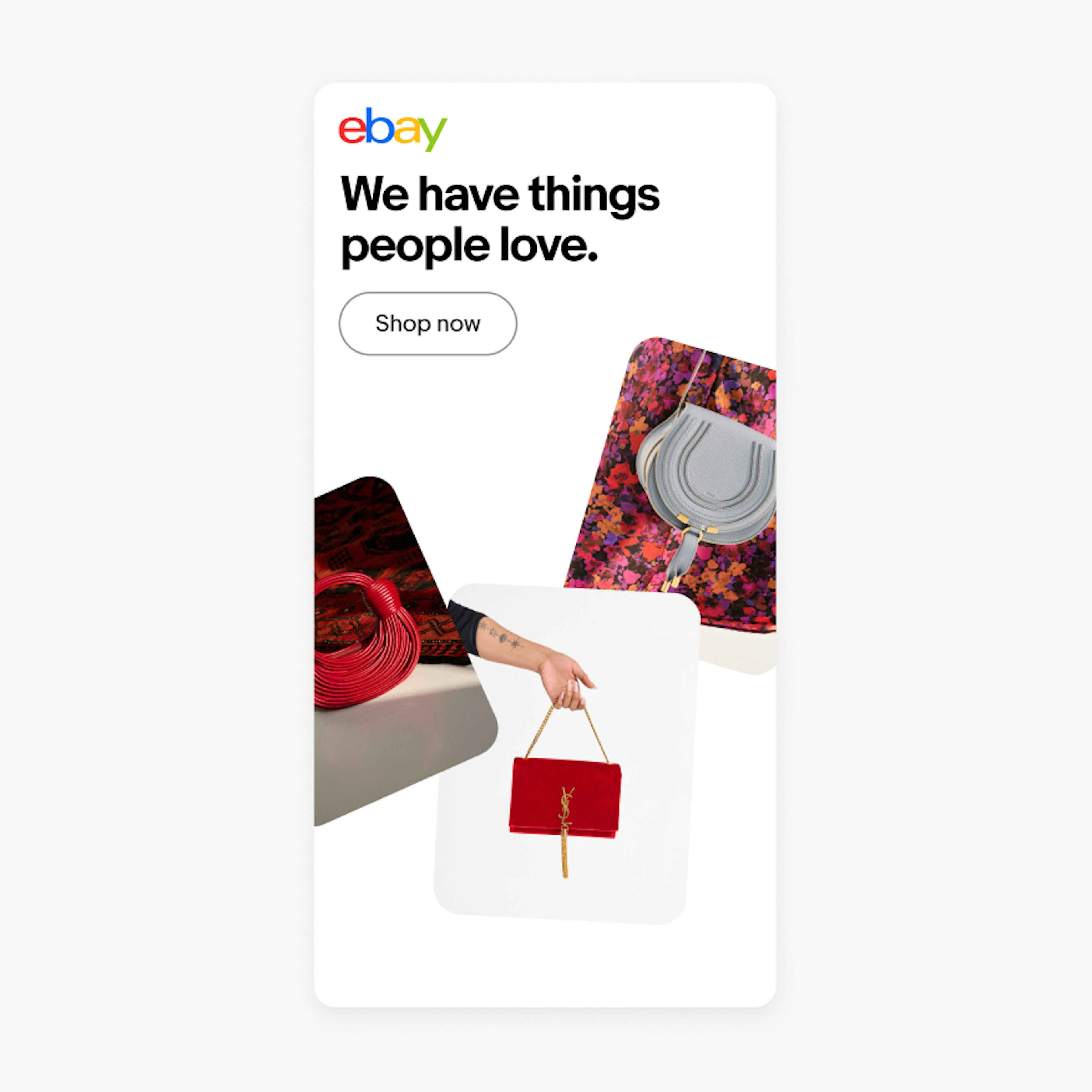 A vertical ad with the logo in the upper left, followed by a headline and button. A stack of images is placed under them on a white background.