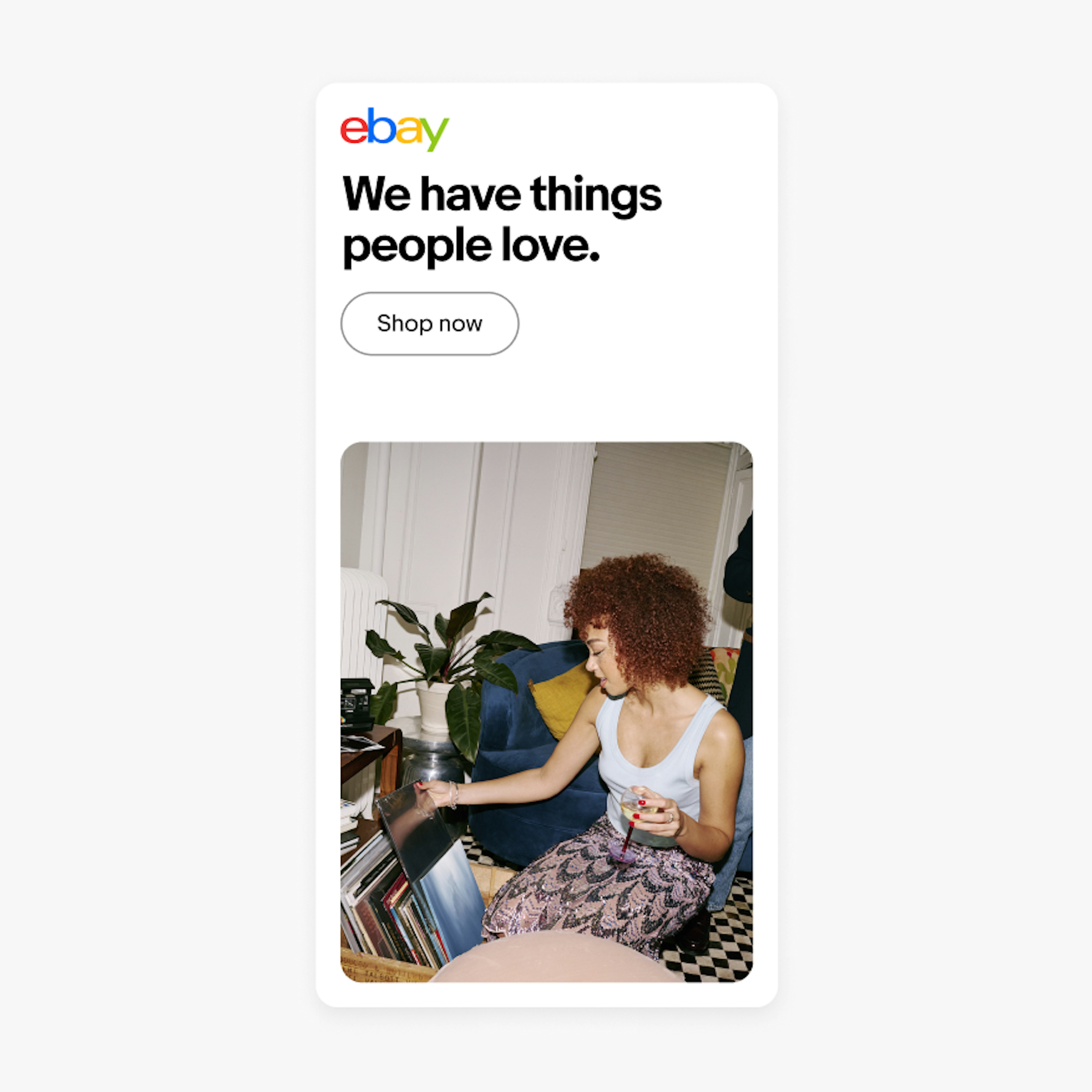 A vertical ad with the logo in the upper left, followed by a headline and button. An image is placed under them a white background.