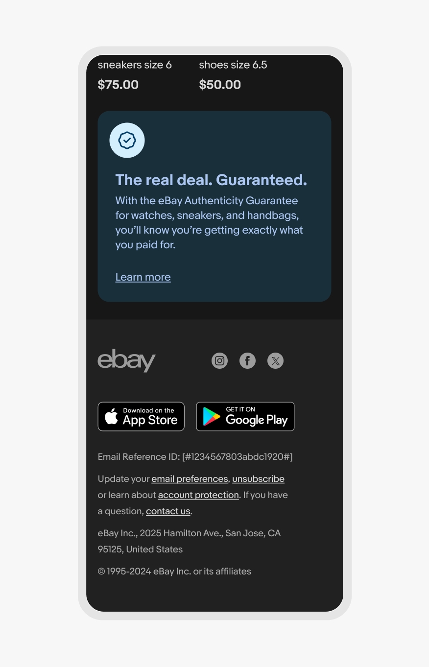 An eBay mobile email in dark mode, showcasing a banner with light blue text and iconography on top of a dark blue background.