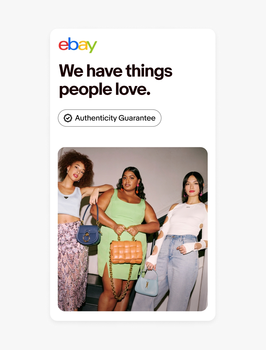 An out-of-home eBay ad with an outlined Authenticity Guarantee program badge lockup inside of a pill shape.