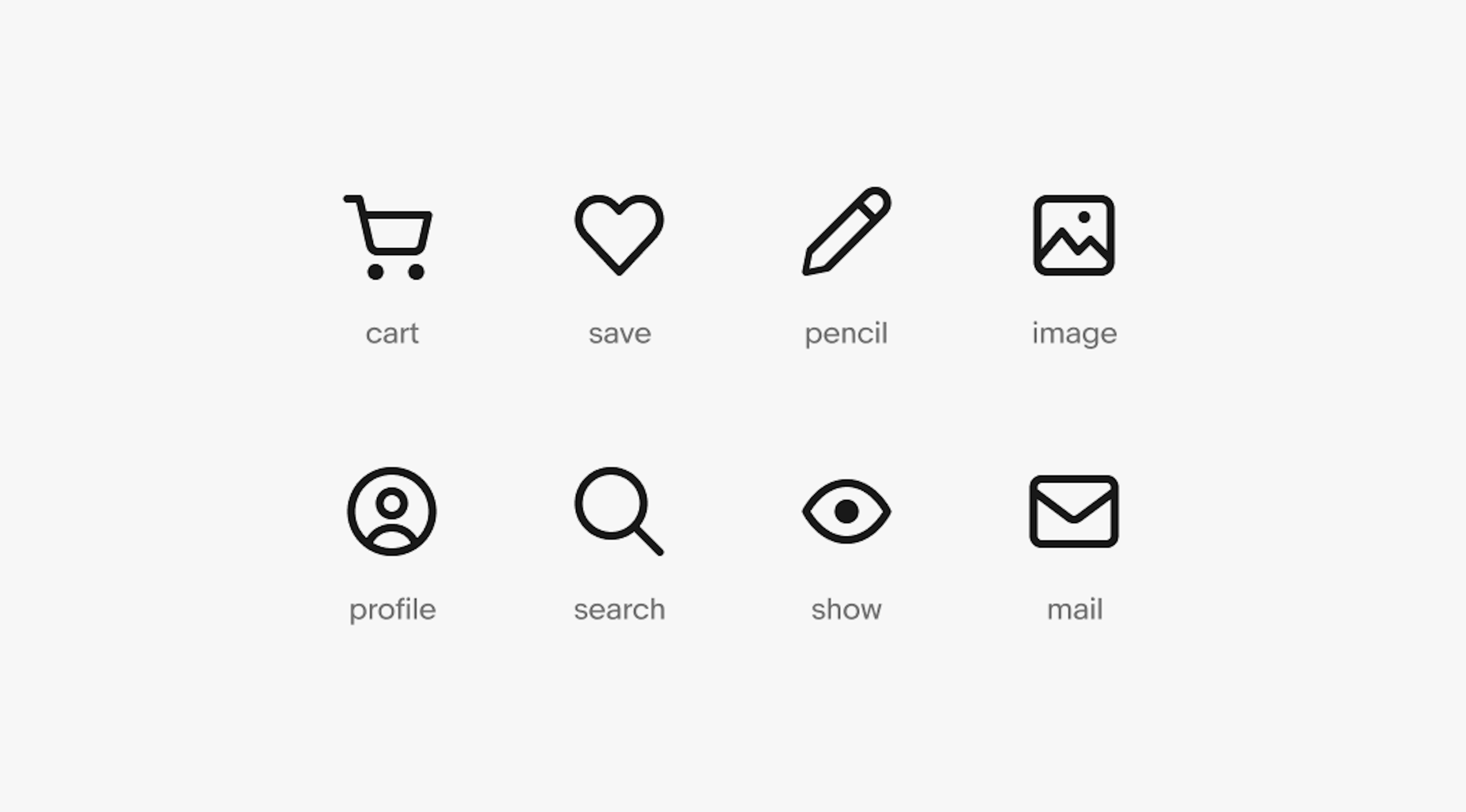Two rows of icons. The top row includes cart, save, pencil, image. Cart is represented by a shopping cart, save by a heart, pencil by a pencil, and image by a nature landscape graphic in a square. The bottom row includes profile, search, show, mail. Profile is represented by an avatar, search by a magnifying glass, show by an open eye, and mail by an envelope.
