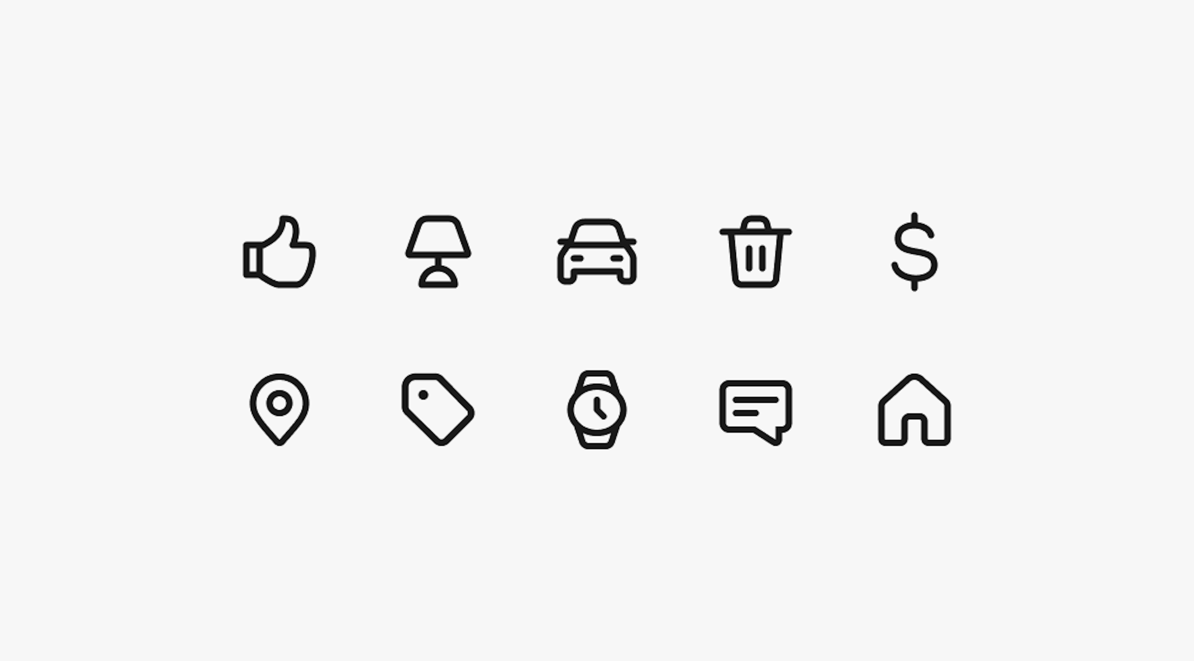 Two rows of icons. The top row includes thumb up, lamp, cart, trash, and dollar. The bottom row includes location, selling, watch, text message, and home.