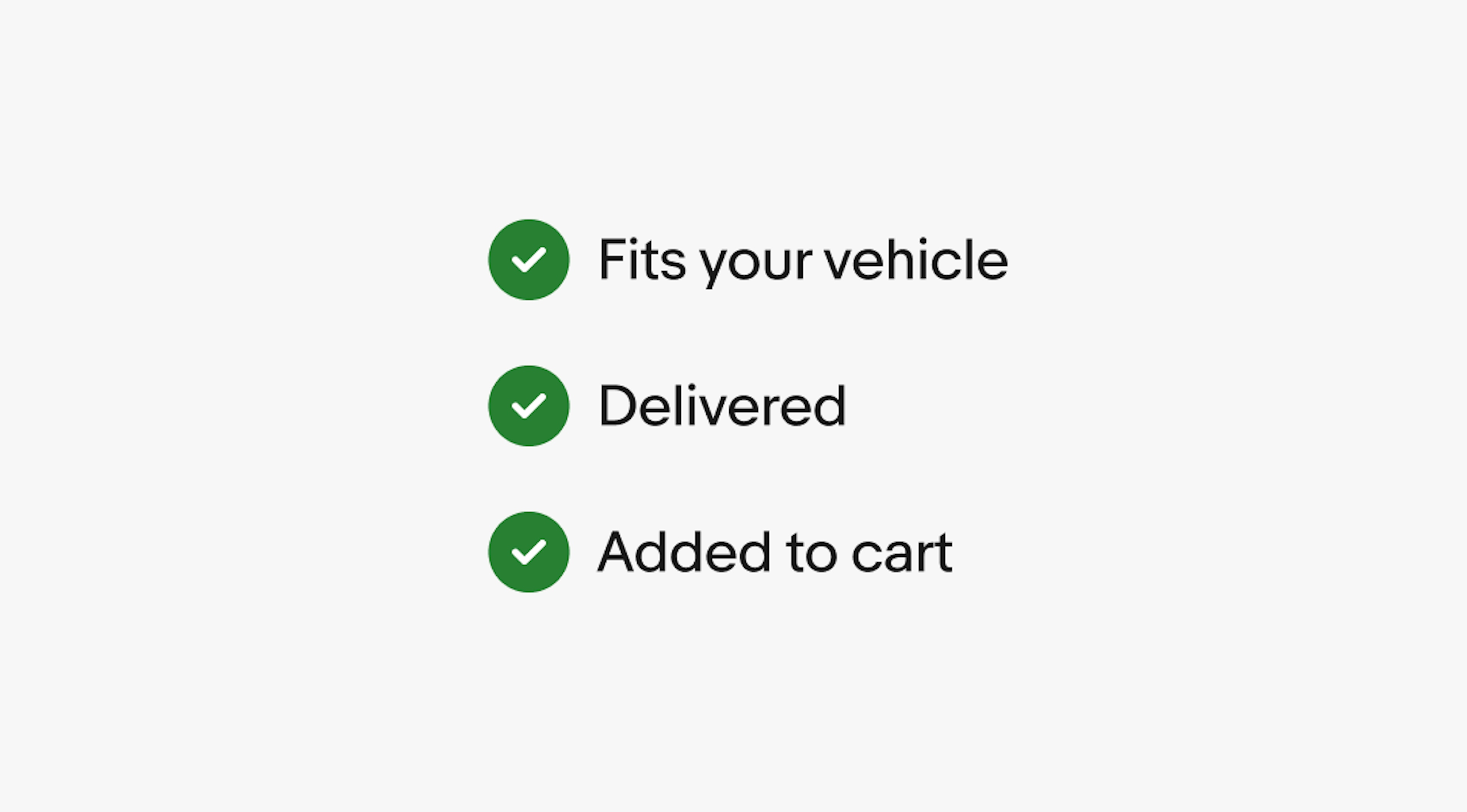 Three confirmation indicator lockups all with green filled checkmarks. From top to bottom is Fits your vehicle, Delivered, and Added to cart.