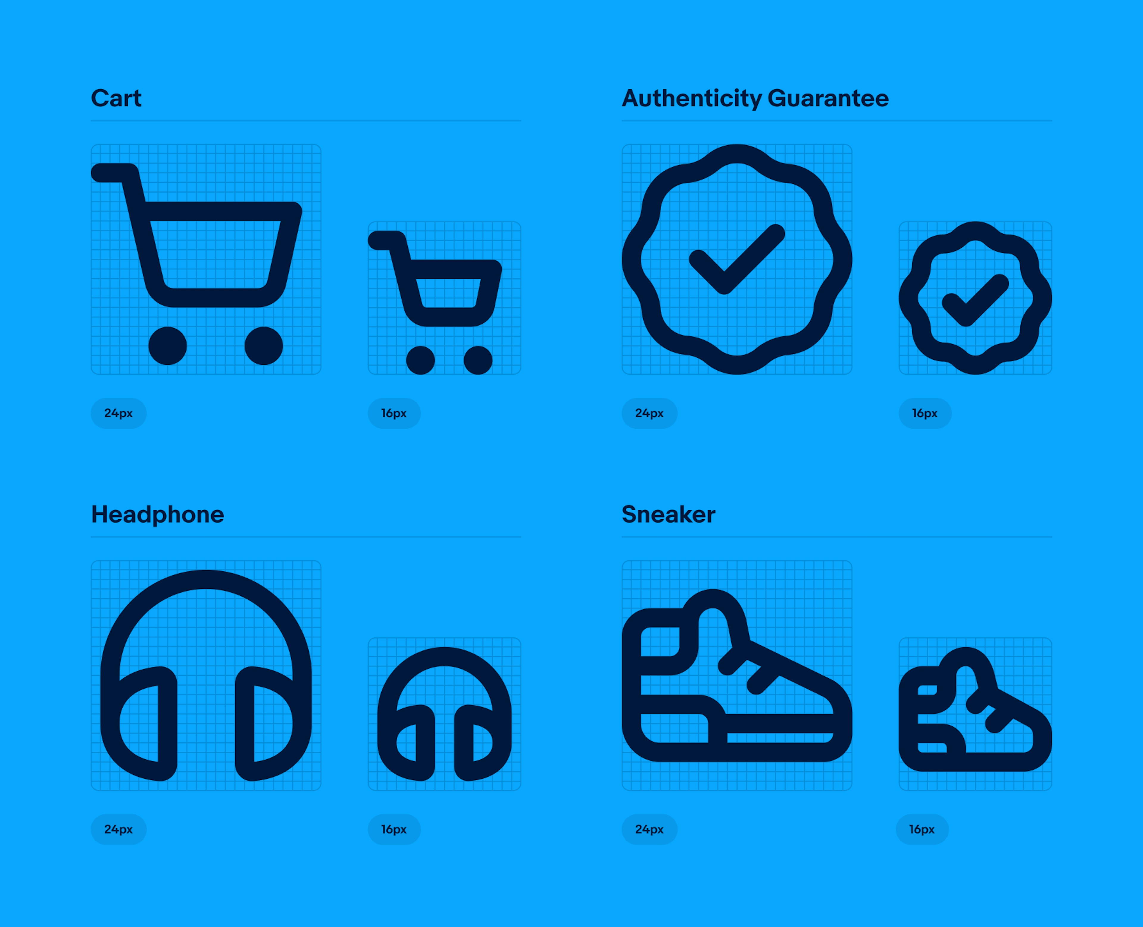 Four quadrants of large illustrative icon pairs with grid lines on a vibrant blue background. Upper left is cart 24 and 16px. Upper right is authenticity guarantee 24 and 16px. Lower left is headphone 24 and 16px. Lower right is sneaker 24 and 16px.