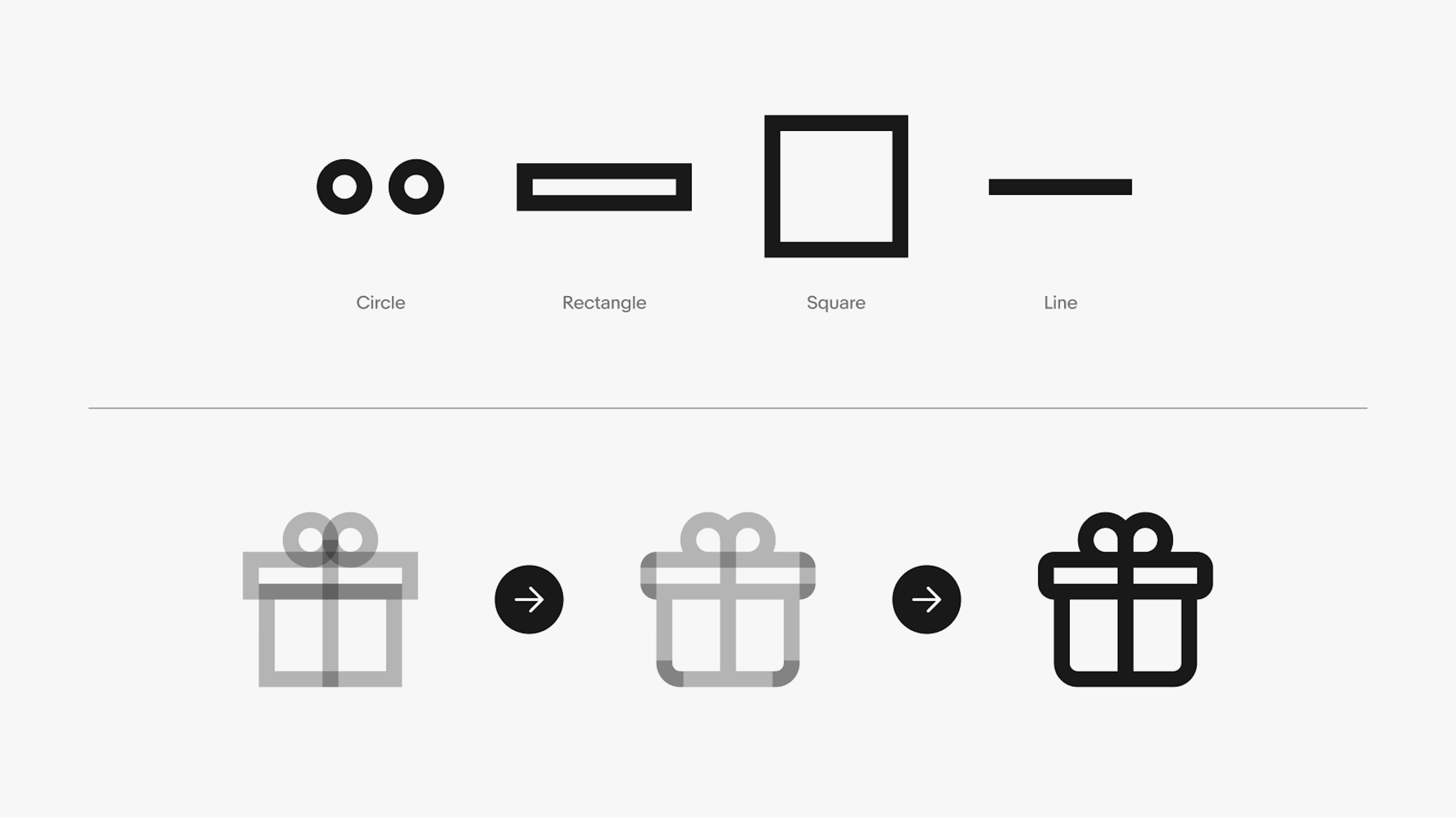 Two rows of graphics describing how to use simple shapes to create icons. The top row shows 2 circles, a rectangle, a square, and a line. The bottom row shows the shapes assembled to create a rigid gift box icon in step 1. The next step shows how the corners are rounded and the circles are adjusted. The final step shows the final constructed gift icon.