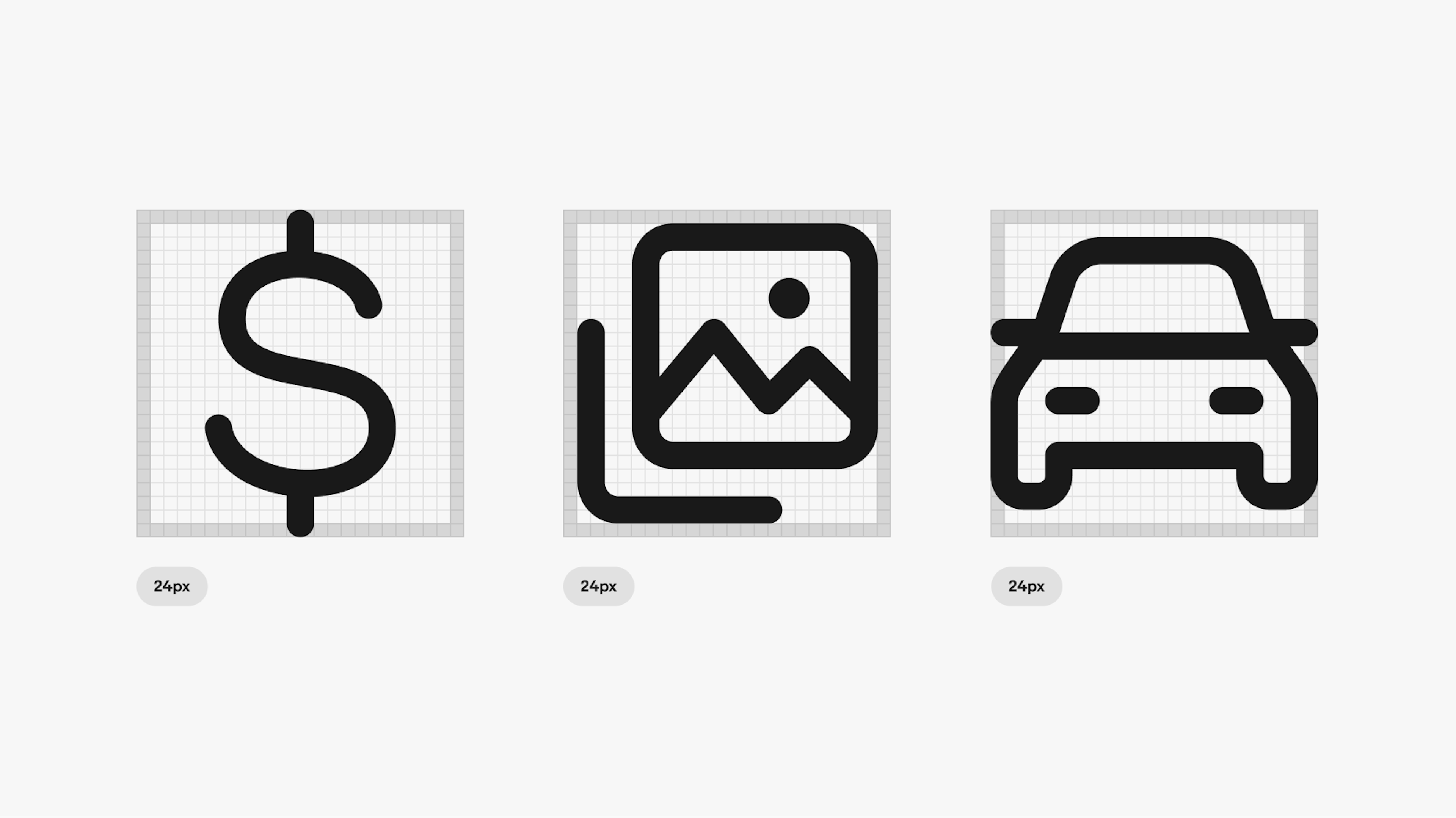 Three enlarged 24px icons with a pixel grid overlapping on each. There is a safe space of 1px highlighted in gray. From left to right is dollar, image gallery, and car.