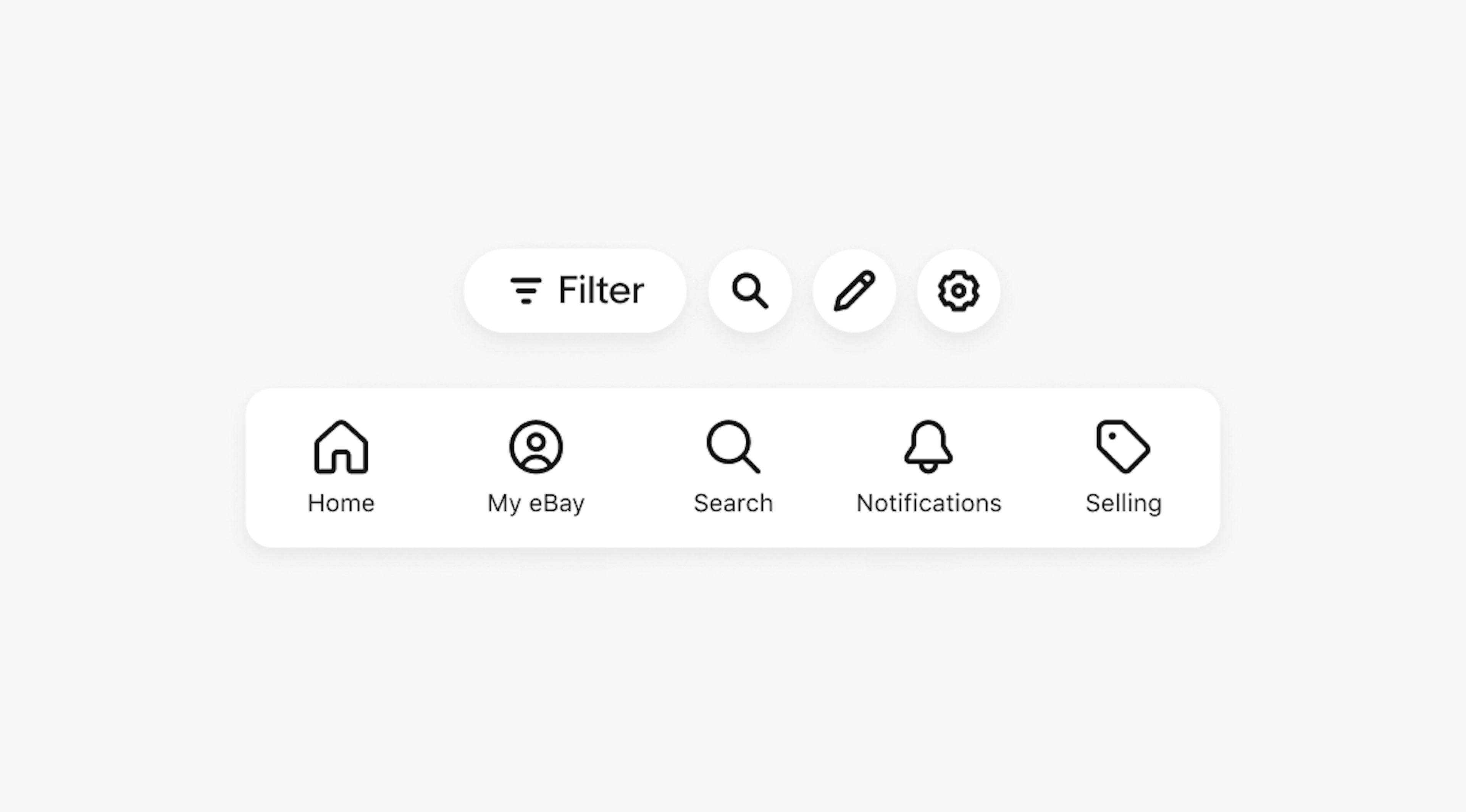 Two rows of icons. The top row contains 16px icons. From left to right is filter, search, edit, settings. The bottom row contains 24px icons. The icons are in a bottom nav bar. From left to right are home, my ebay, search, notification, selling.